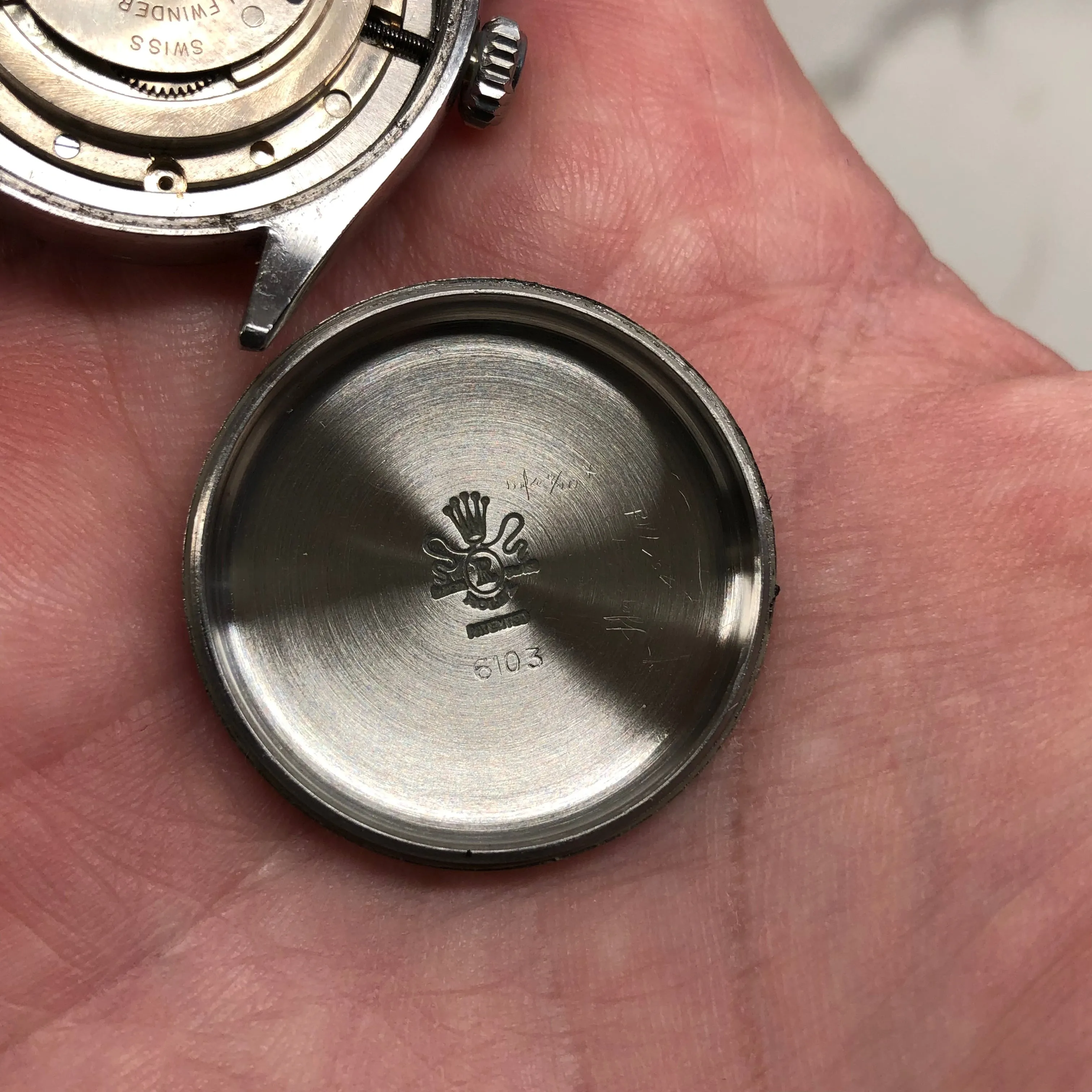 1953 Rolex Oyster Perpetual 6103 Stainless Steel Red OCC Chevron Dial Chronometer Automatic Wristwatch