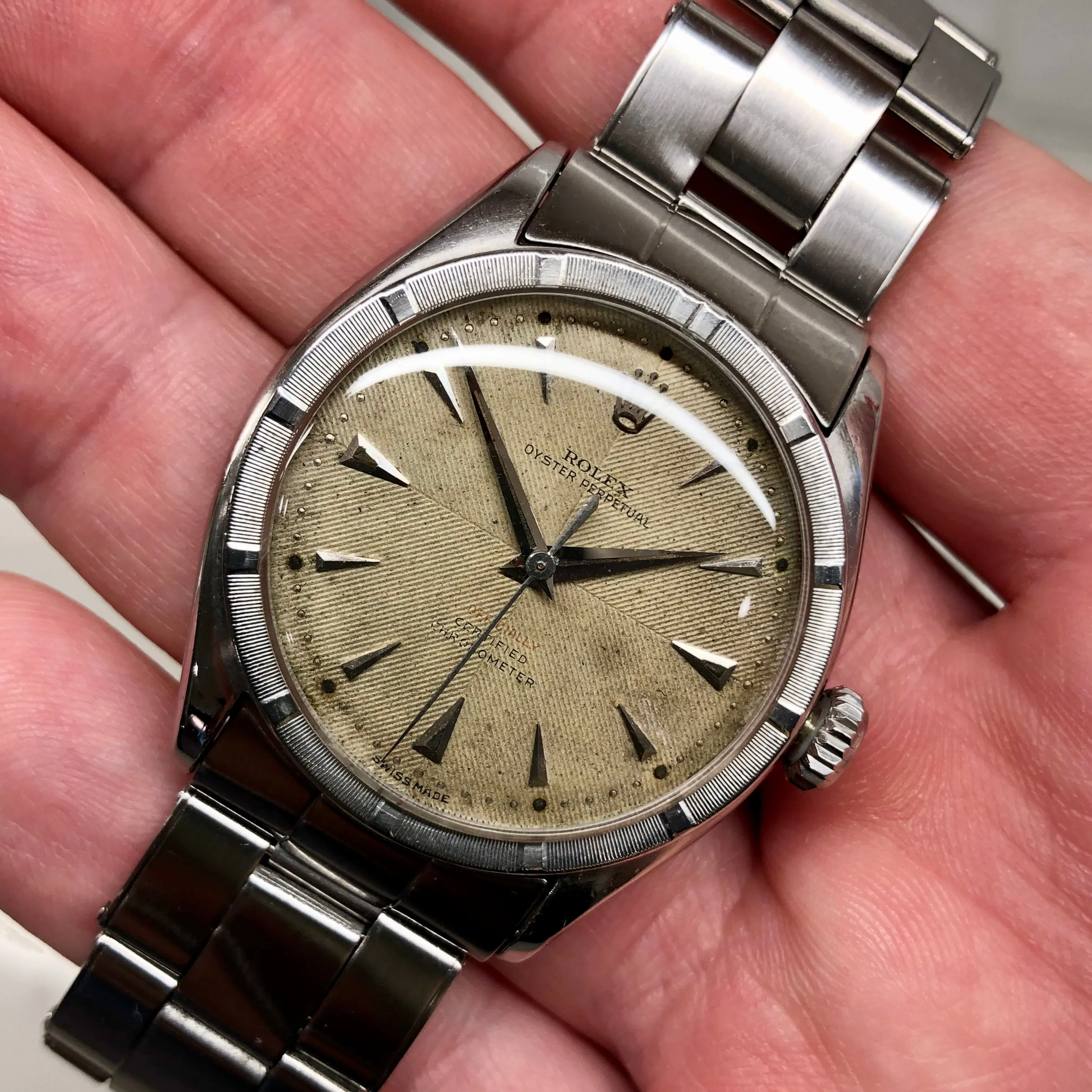 1953 Rolex Oyster Perpetual 6103 Stainless Steel Red OCC Chevron Dial Chronometer Automatic Wristwatch