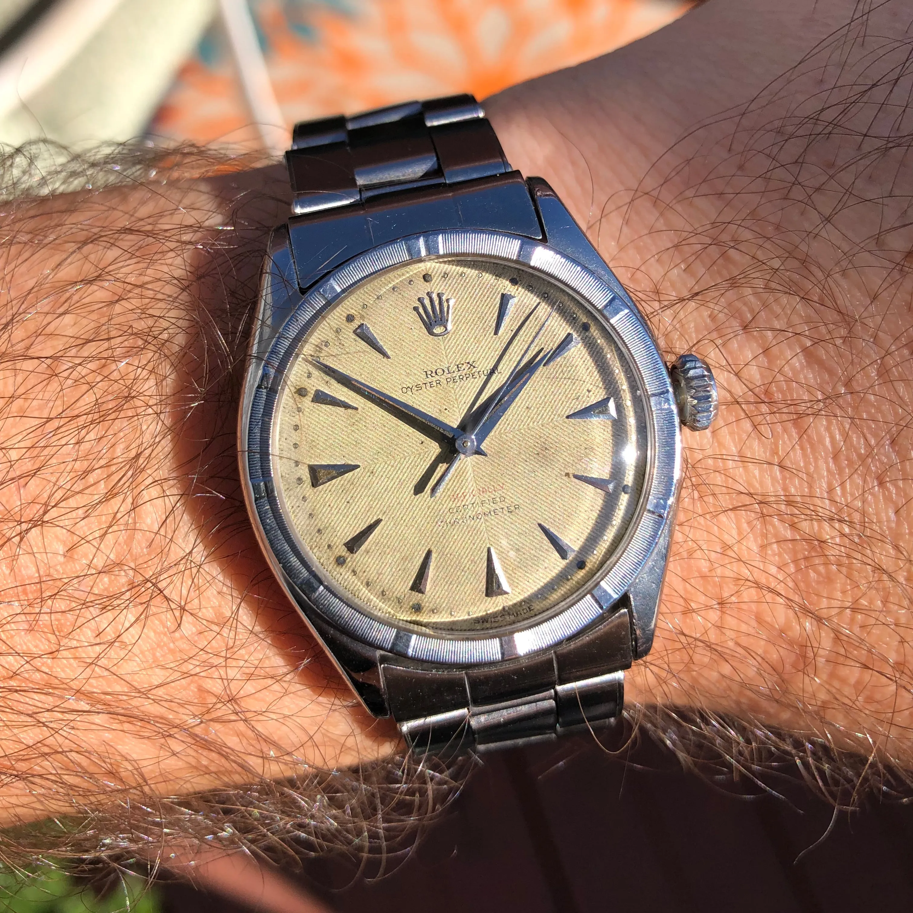 1953 Rolex Oyster Perpetual 6103 Stainless Steel Red OCC Chevron Dial Chronometer Automatic Wristwatch