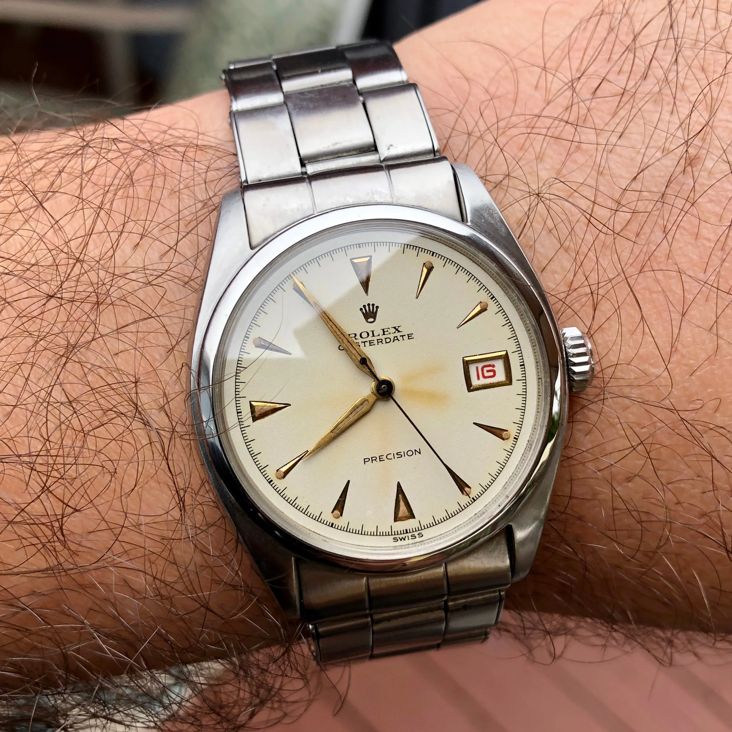1953 Rolex Oysterdate Precision 6094 White Dial Red Date Stainless Steel Manual Wristwatch