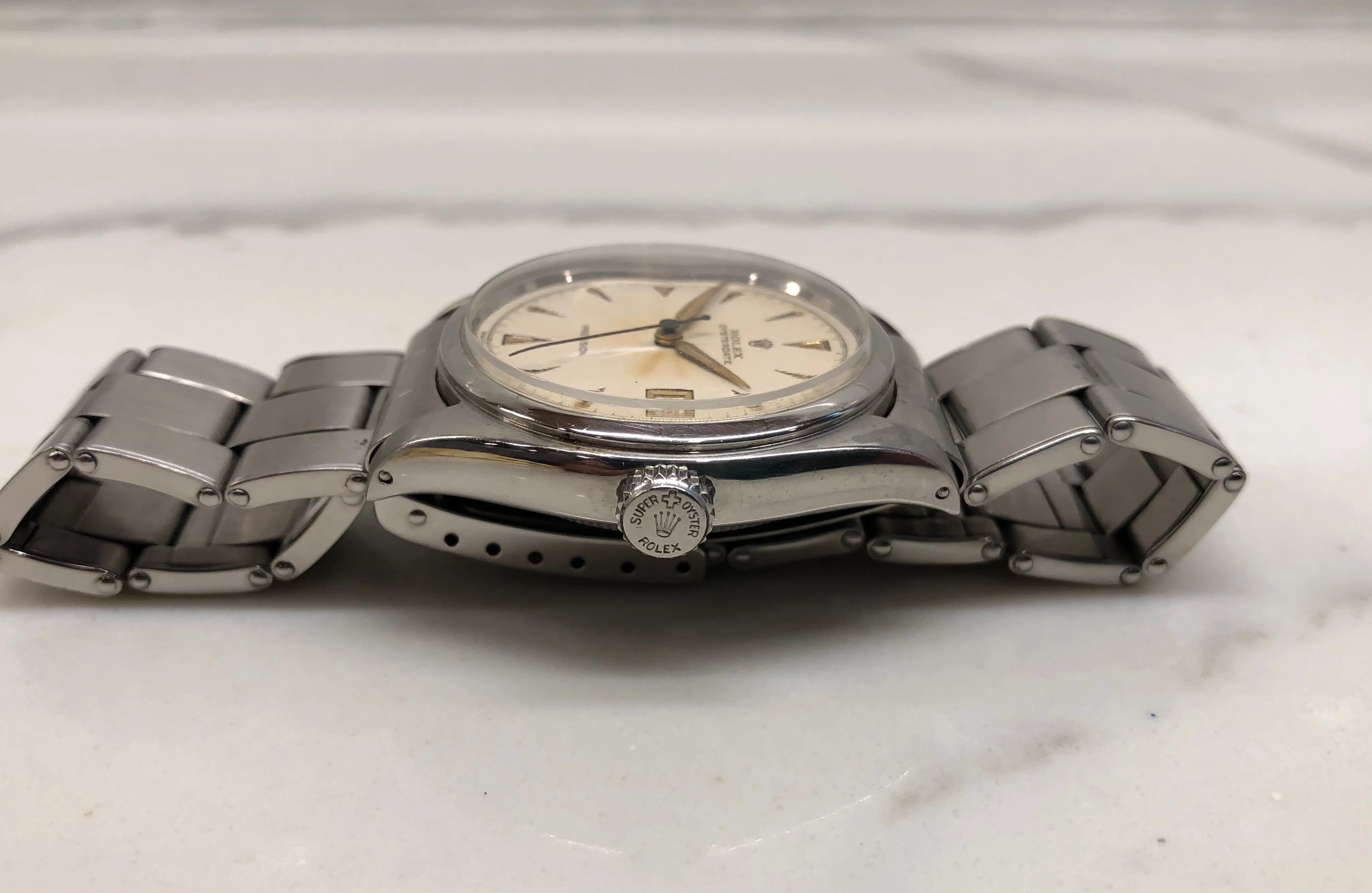 1953 Rolex Oysterdate Precision 6094 White Dial Red Date Stainless Steel Manual Wristwatch