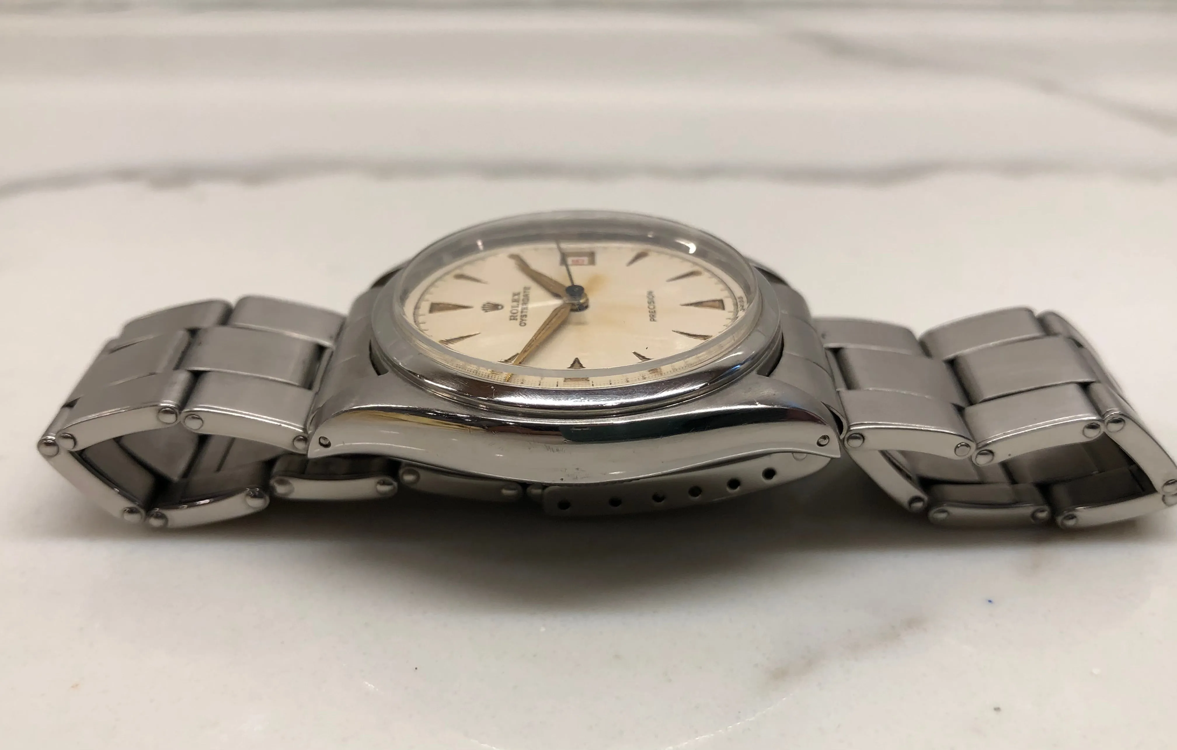 1953 Rolex Oysterdate Precision 6094 White Dial Red Date Stainless Steel Manual Wristwatch