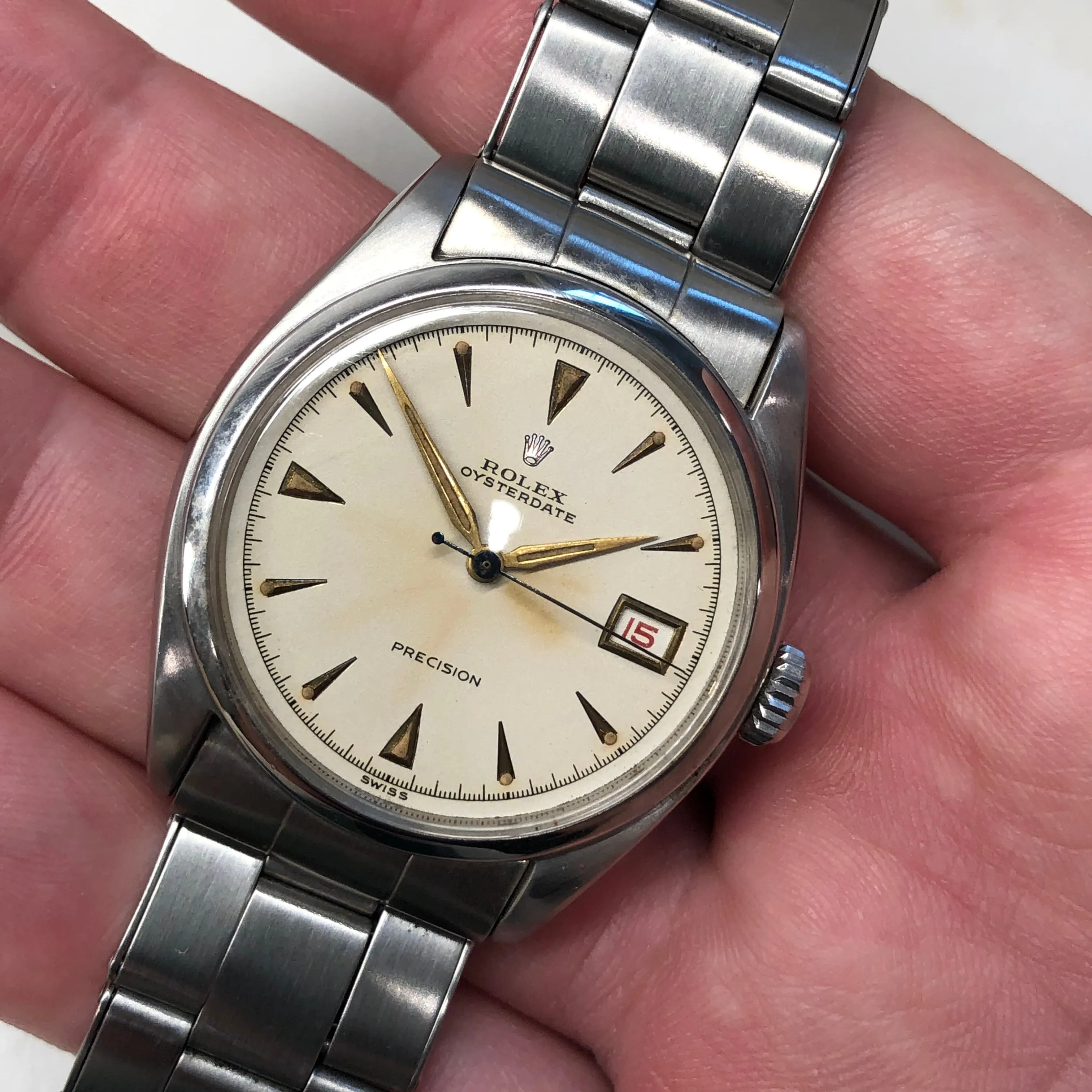 1953 Rolex Oysterdate Precision 6094 White Dial Red Date Stainless Steel Manual Wristwatch