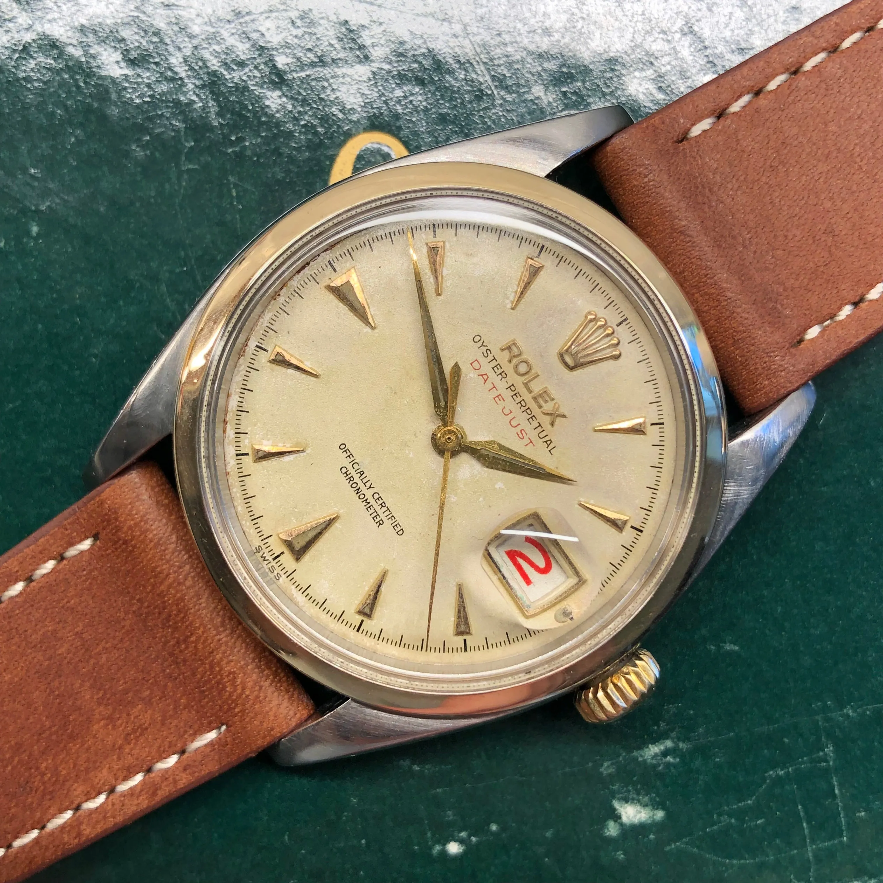 1953 Rolex Red Datejust 6304 Roulette Date Wheel Two Tone Steel Automatic Wristwatch