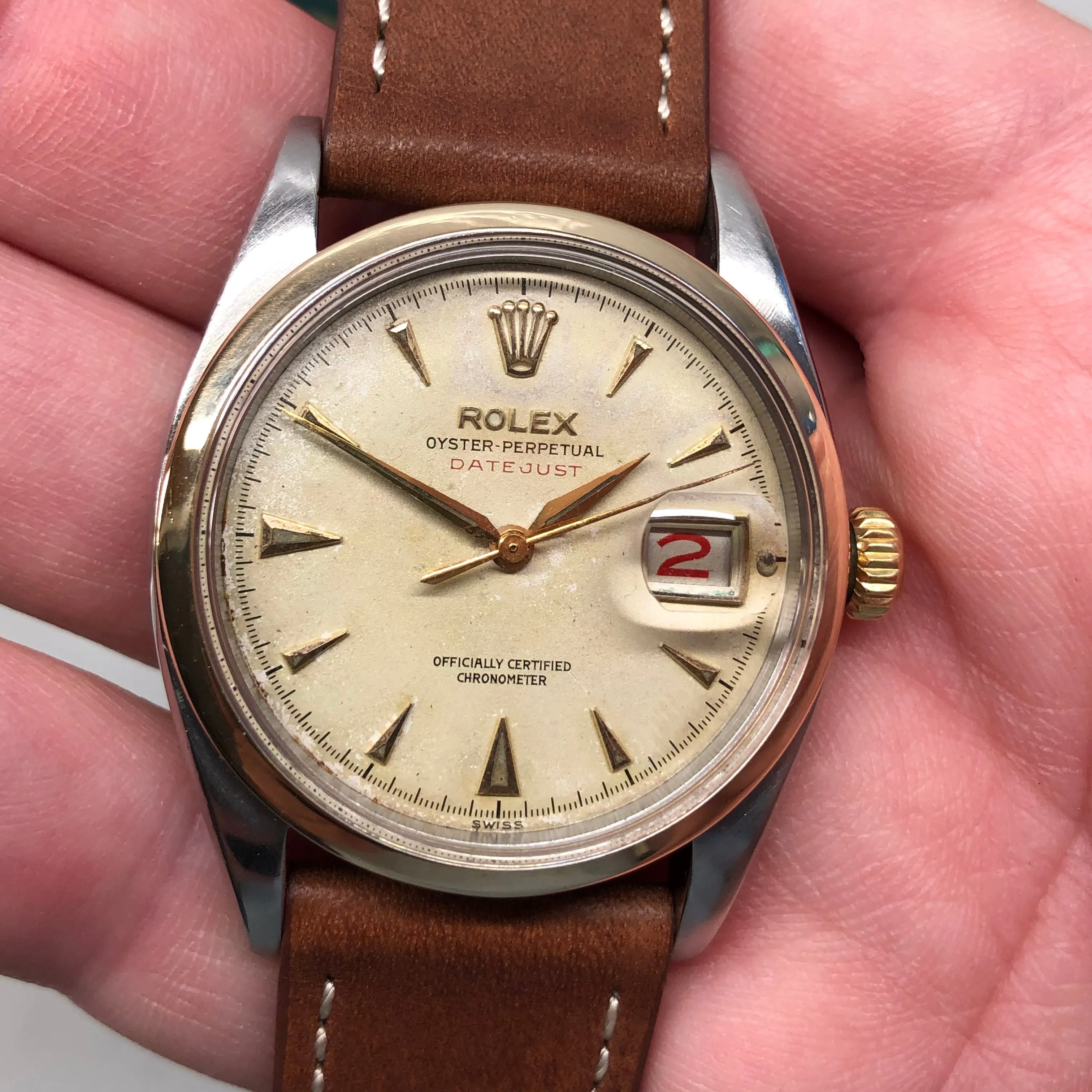 1953 Rolex Red Datejust 6304 Roulette Date Wheel Two Tone Steel Automatic Wristwatch