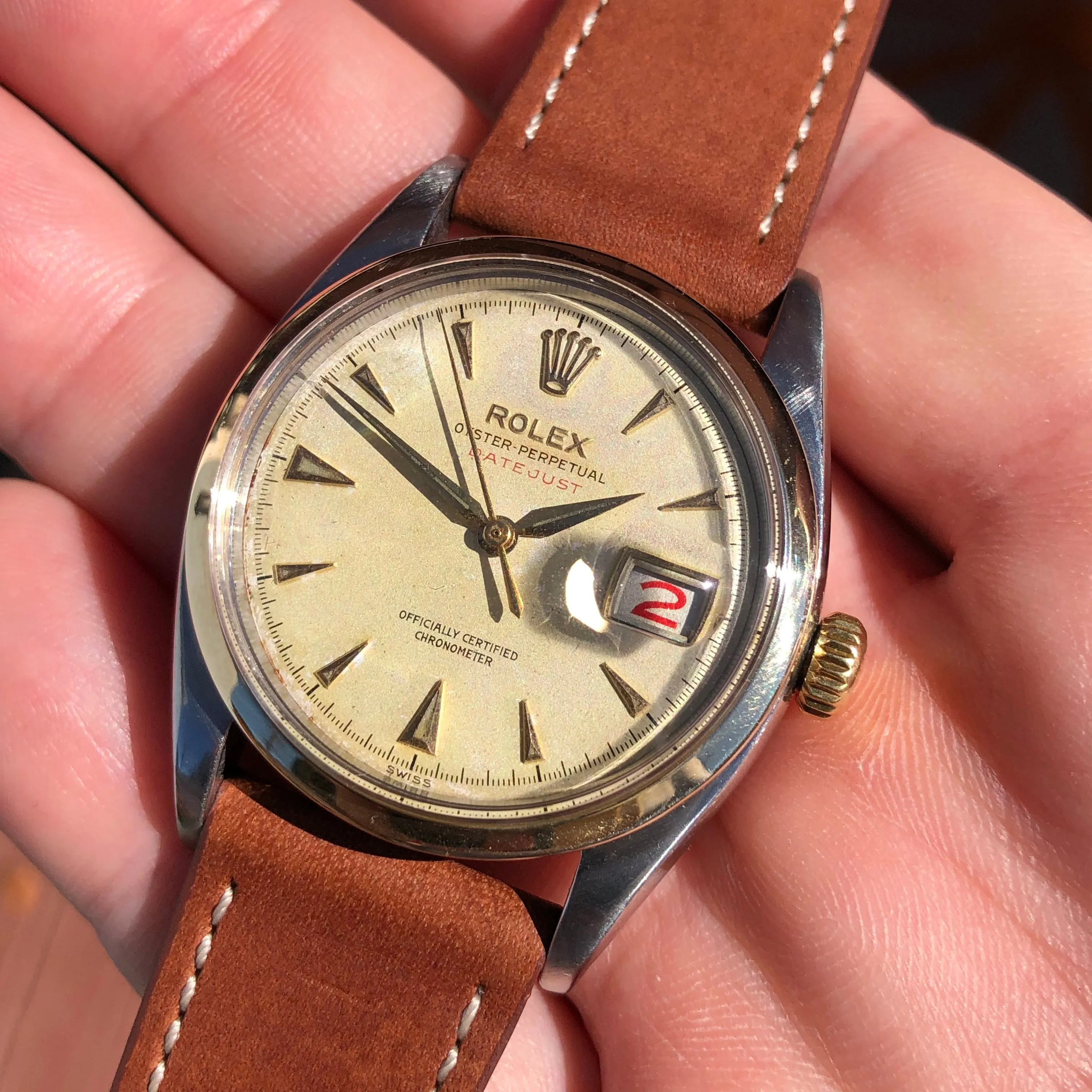 1953 Rolex Red Datejust 6304 Roulette Date Wheel Two Tone Steel Automatic Wristwatch
