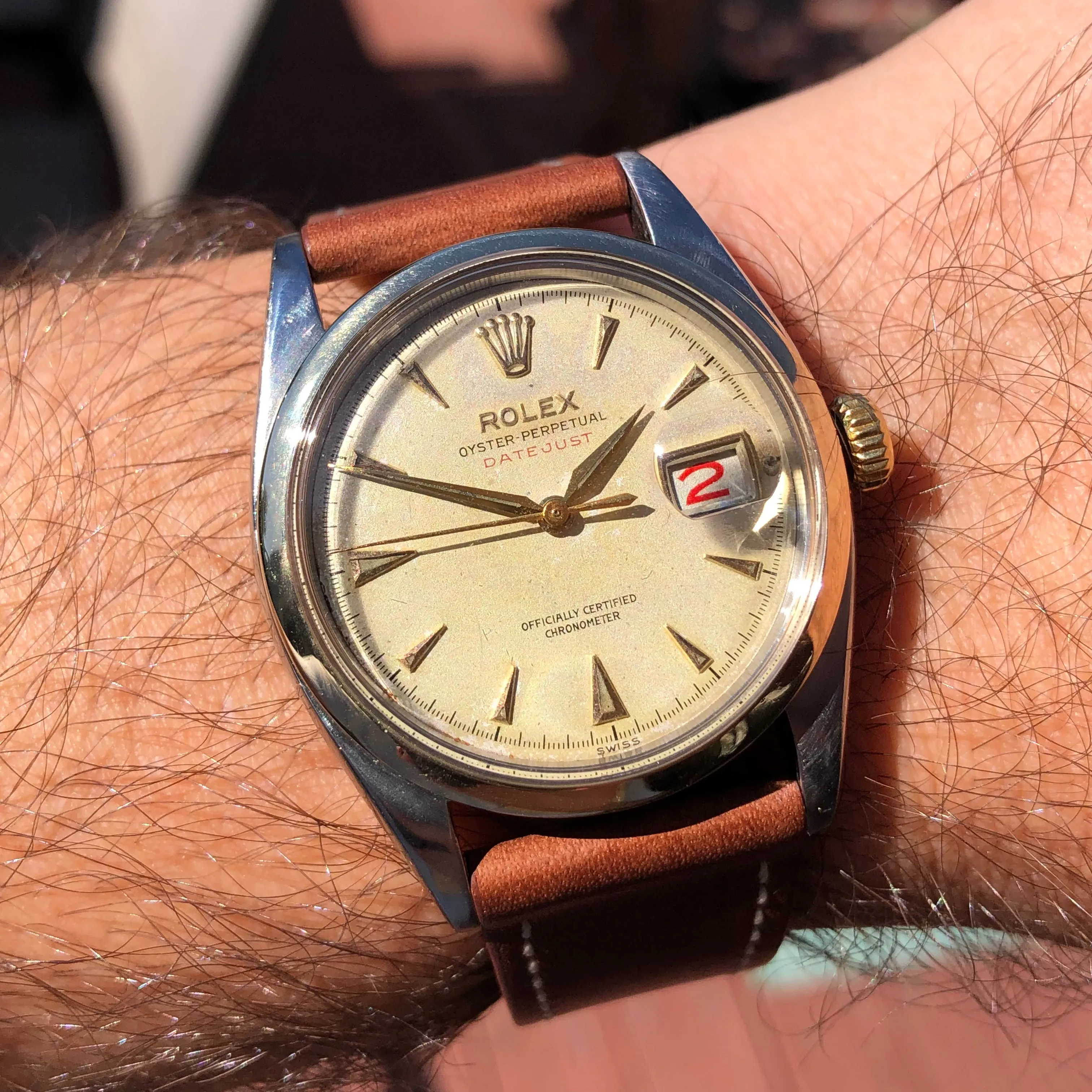 1953 Rolex Red Datejust 6304 Roulette Date Wheel Two Tone Steel Automatic Wristwatch