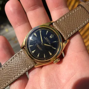 1958 Rolex Oyster Perpetual 6084 Gilt 18K Yellow Gold Black Honeycomb Automatic Wristwatch