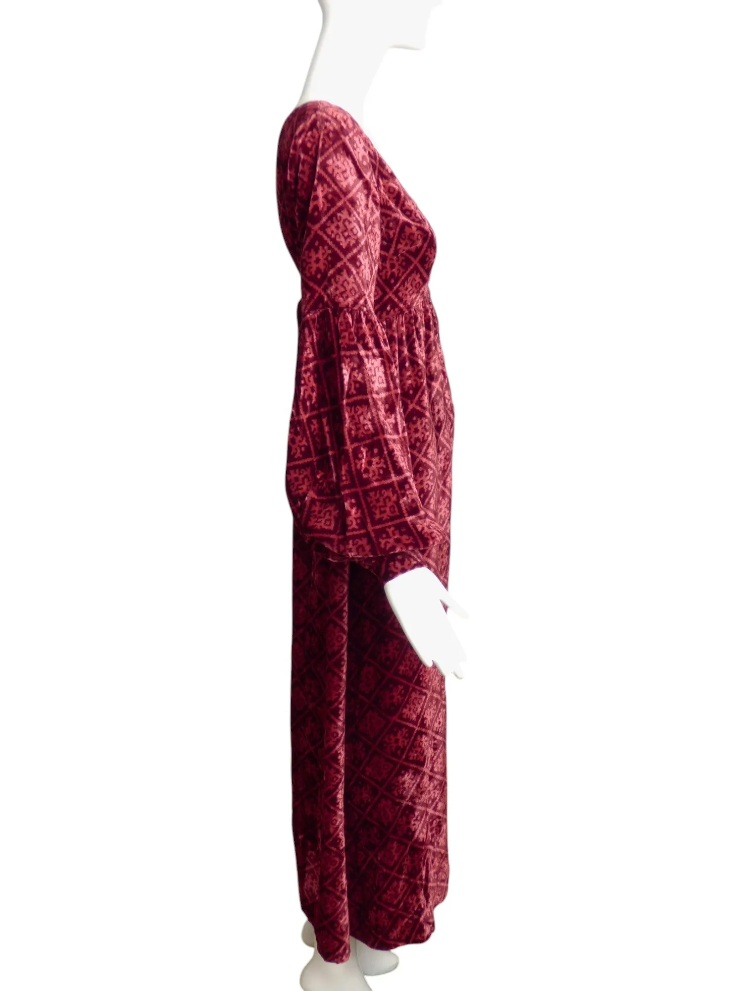 1960s Red Velvet Hostess Maxi Dress, Size 8