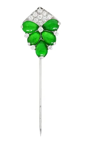 1960's Vintage Jade Diamond Platinum Cluster Stickpin