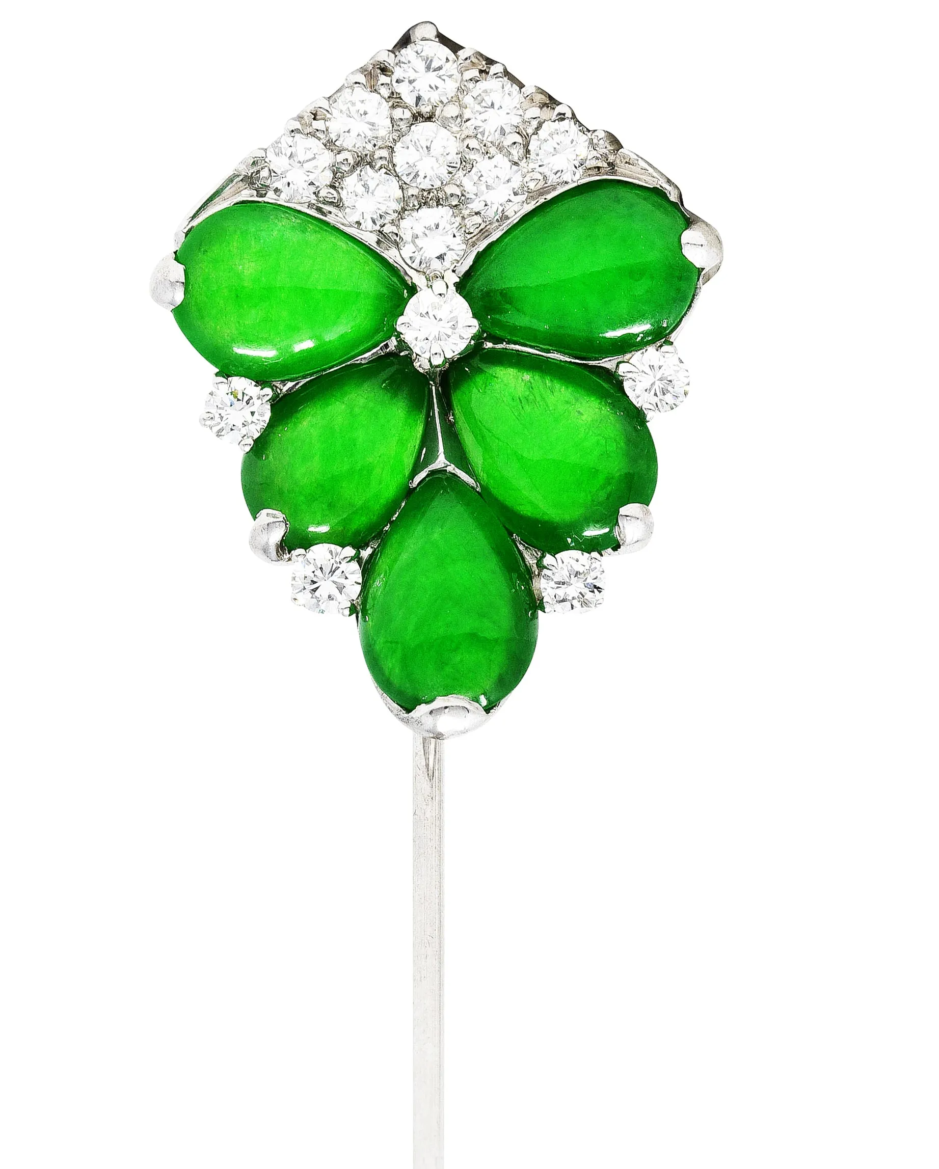 1960's Vintage Jade Diamond Platinum Cluster Stickpin