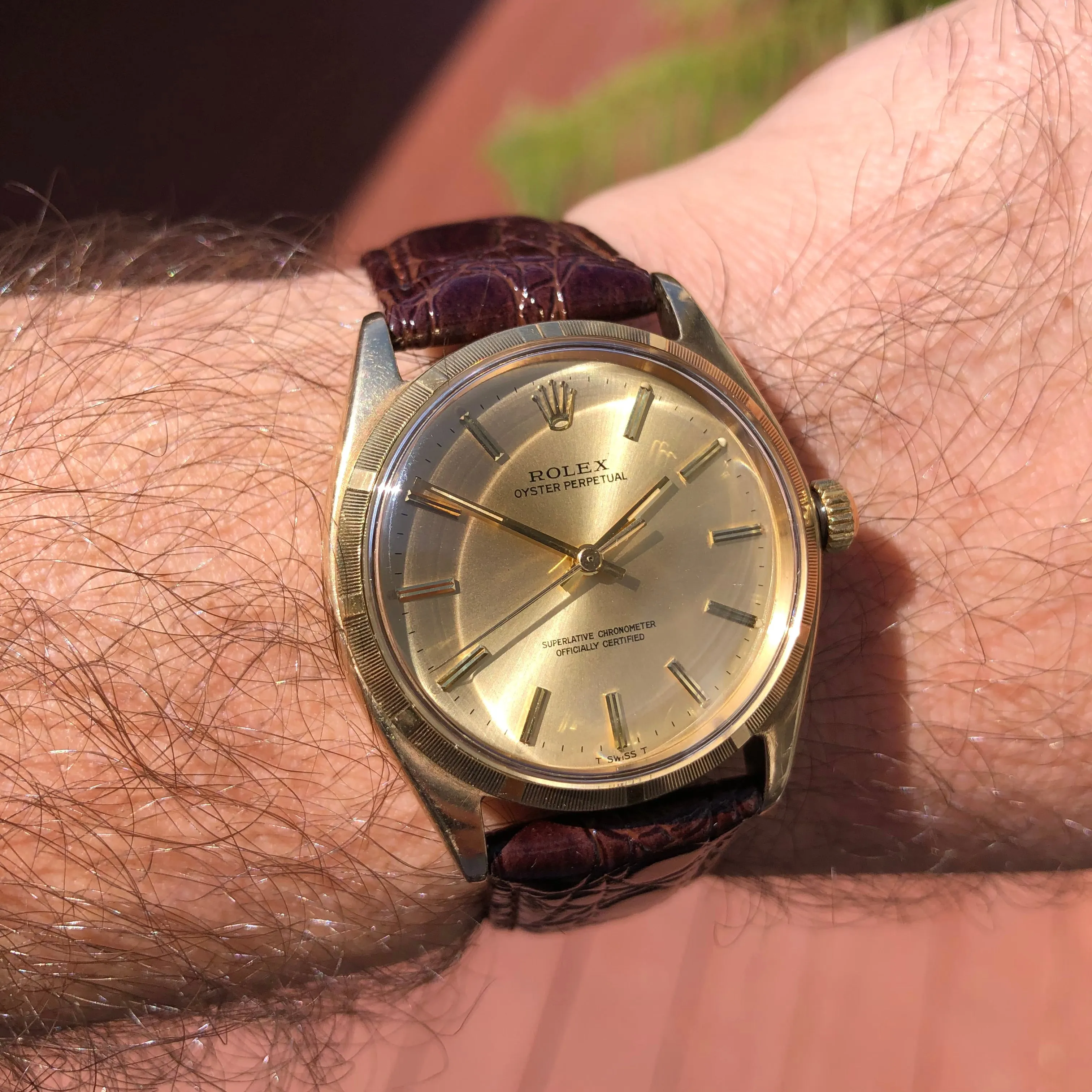 1961 Rolex Oyster Perpetual 1003 9k Yellow Gold English Chronometer Engine Turned Wristwatch