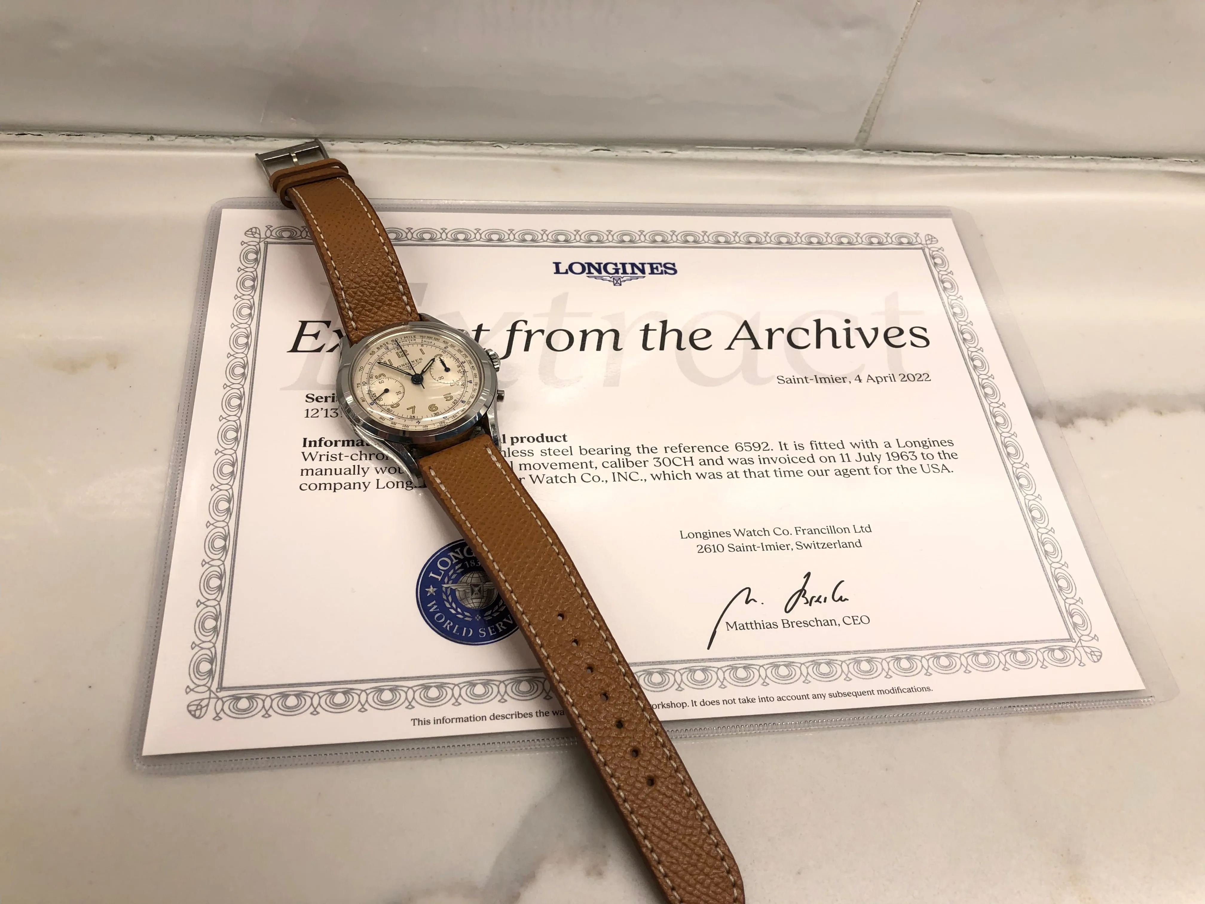 1963 Longines 6592 Stainless Steel 30CH Chronograph Vintage Unpolished Wristwatch with Extract