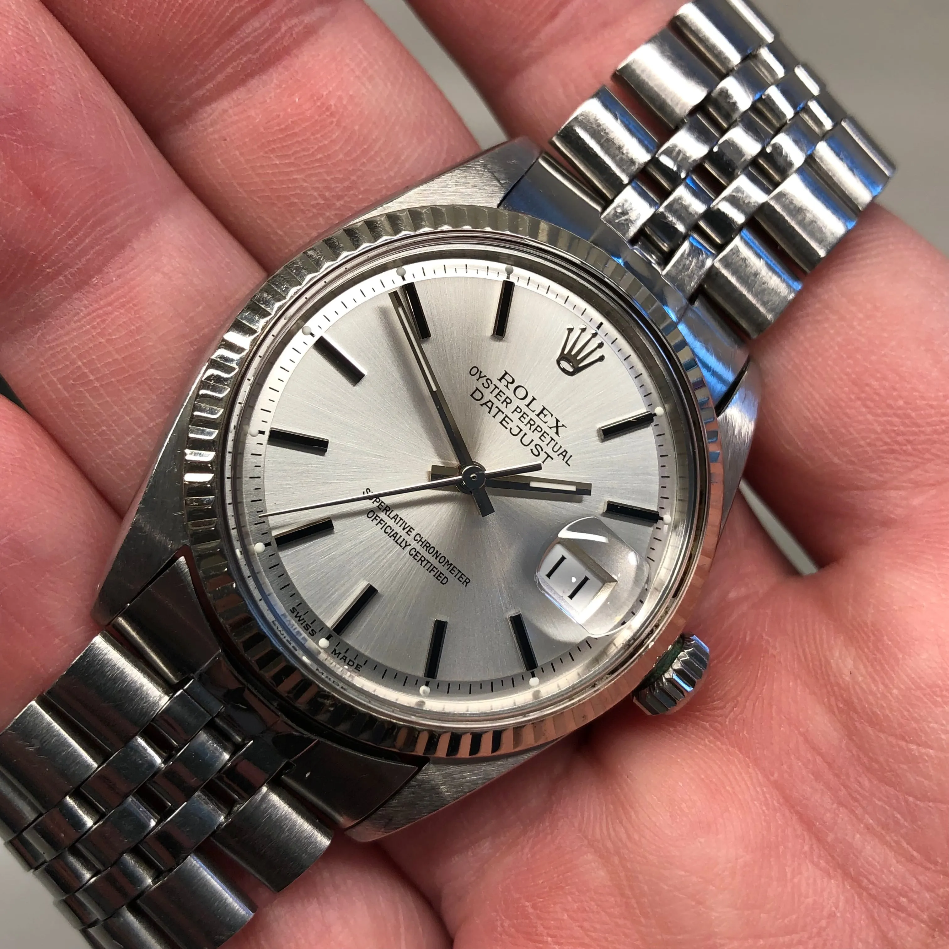 1964 Rolex Datejust 1601 Fluted Stainless Steel Silver Dial Jubilee Automatic Wristwatch