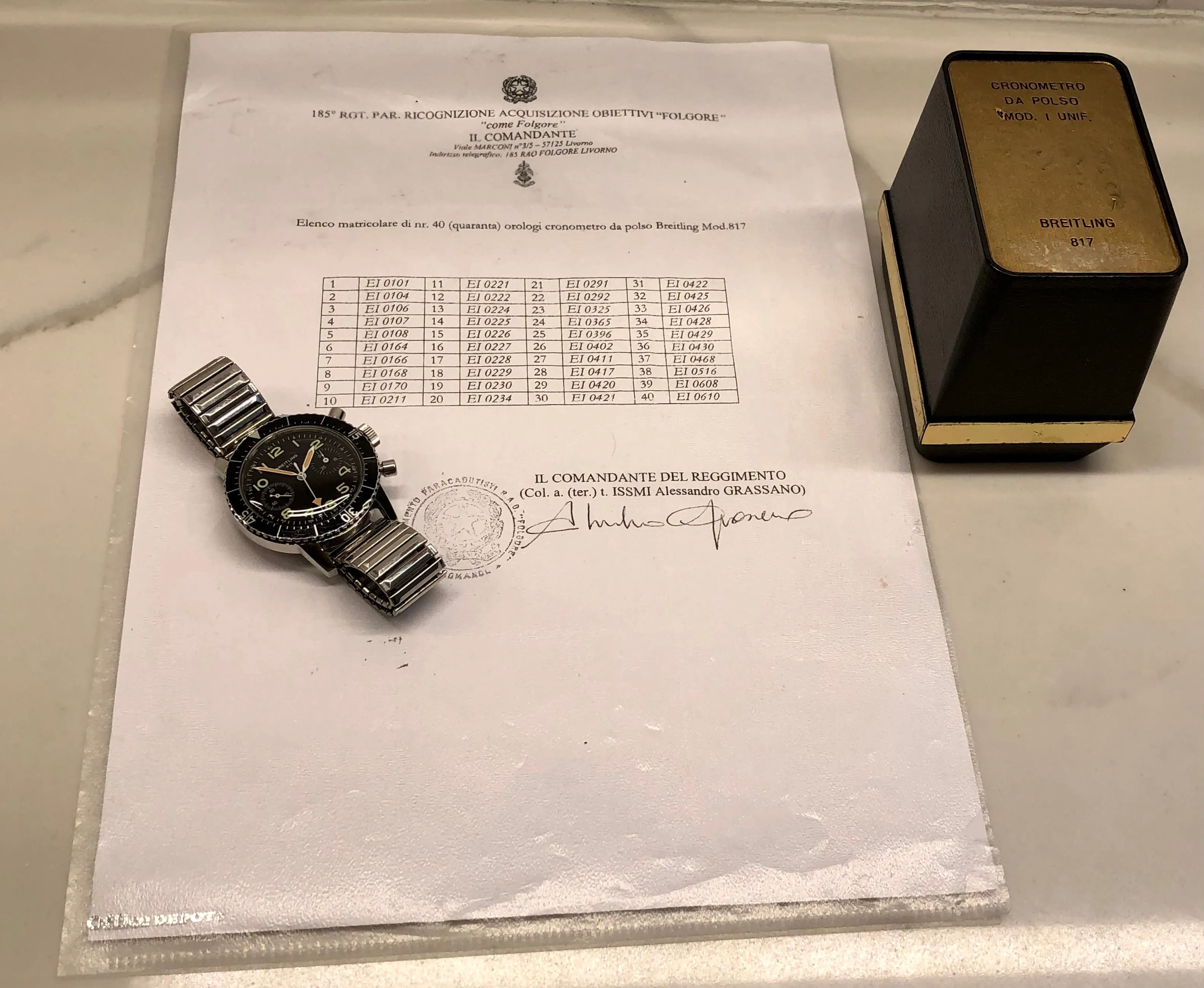 1970s Breitling 817 Italian Army Issued Stainless Steel Chronograph Wristwatch with Box and Numbered Paperwork