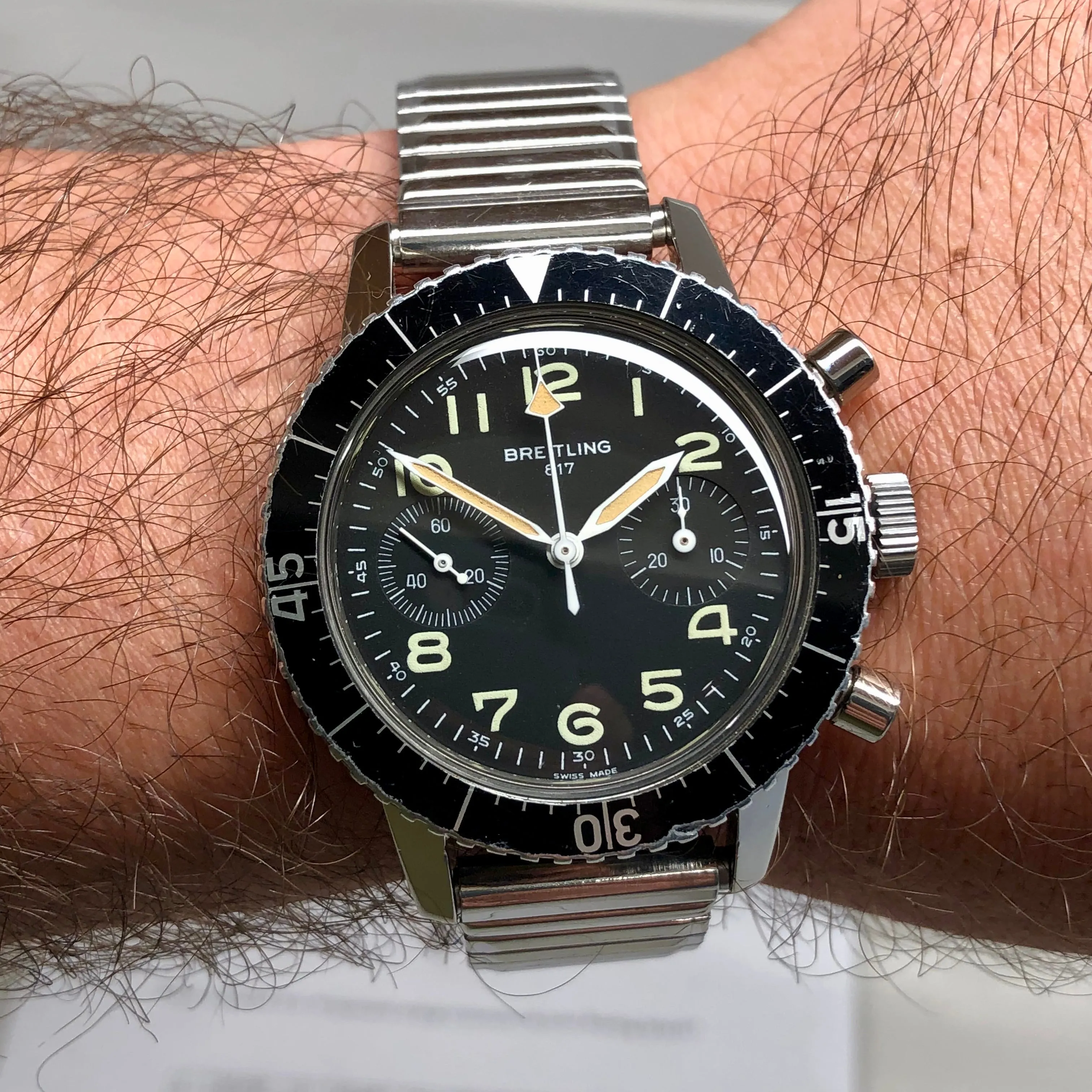1970s Breitling 817 Italian Army Issued Stainless Steel Chronograph Wristwatch with Box and Numbered Paperwork