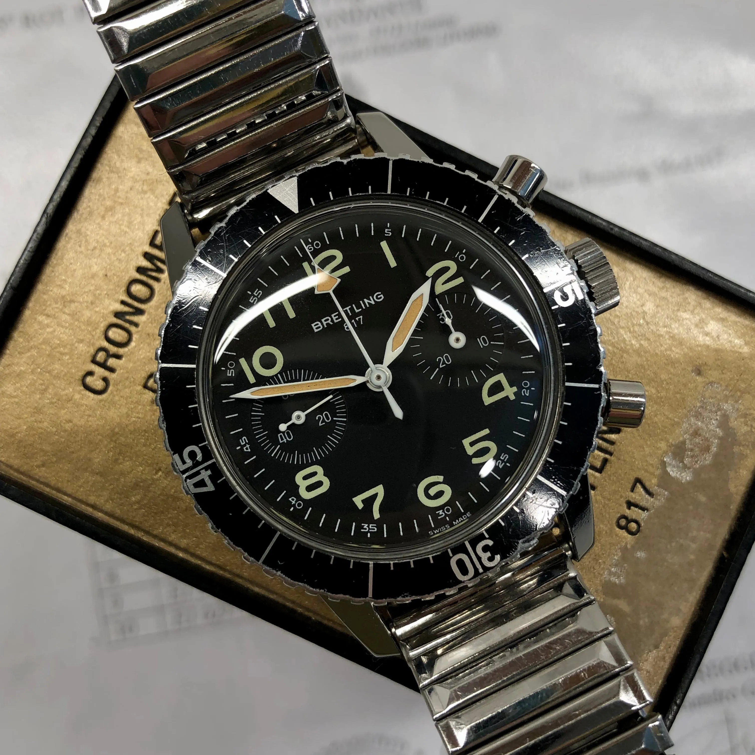 1970s Breitling 817 Italian Army Issued Stainless Steel Chronograph Wristwatch with Box and Numbered Paperwork