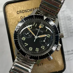 1970s Breitling 817 Italian Army Issued Stainless Steel Chronograph Wristwatch with Box and Numbered Paperwork