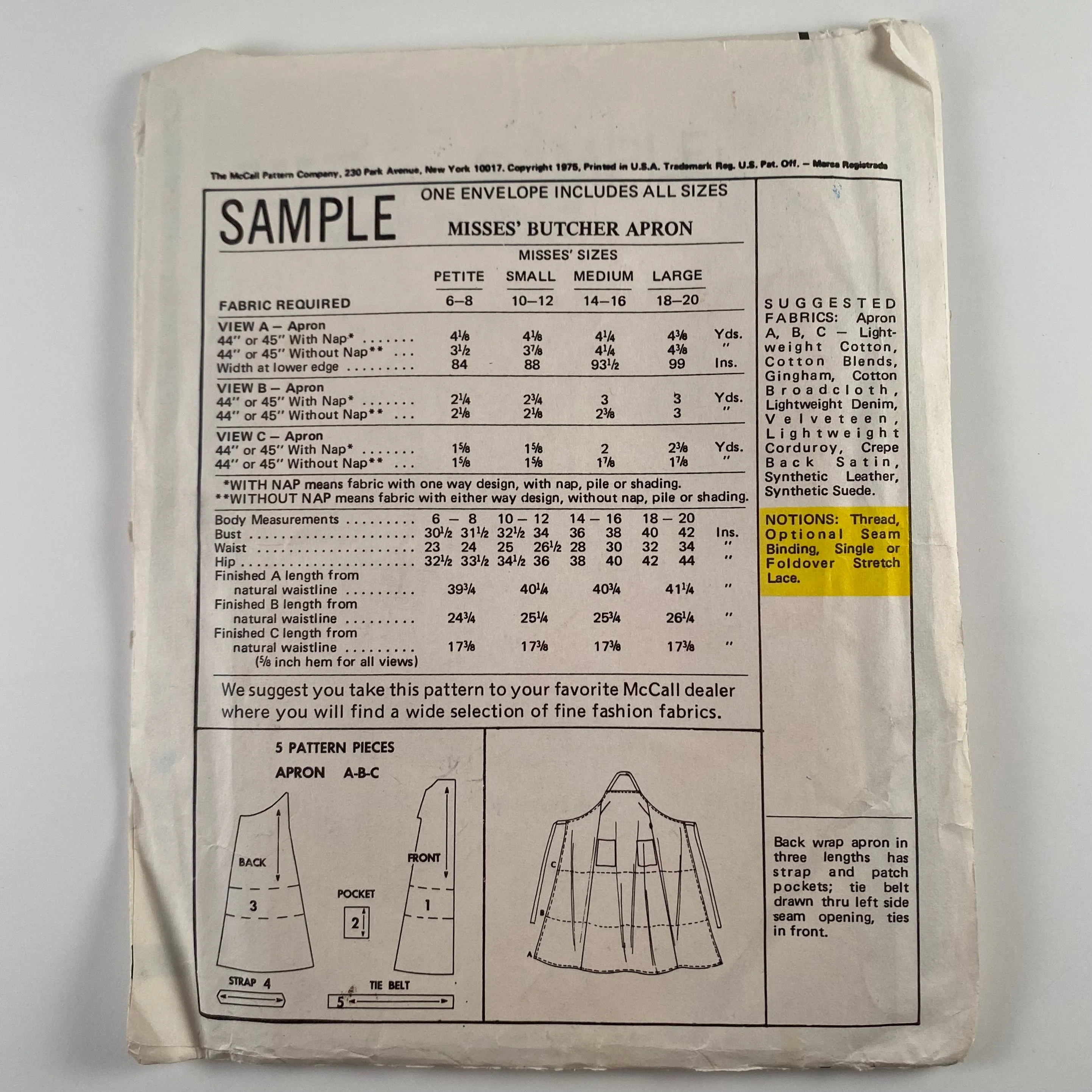 1970s McCall's Misses' Butcher Apron Sample Pattern- Uncut