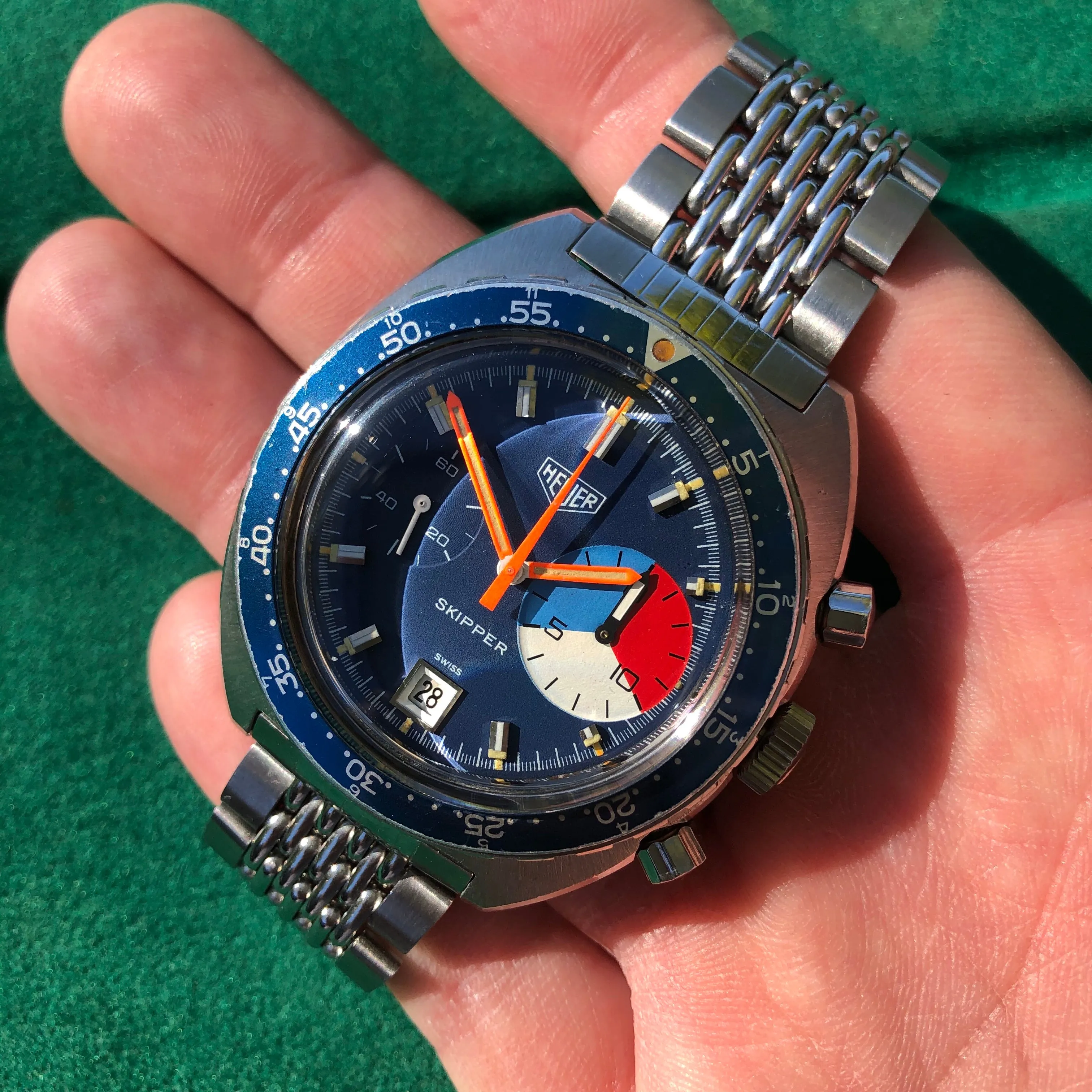 1971 Heuer Skipper 73463 Autavaia Blue Steel Chronograph Valjoux 7734 Wristwatch