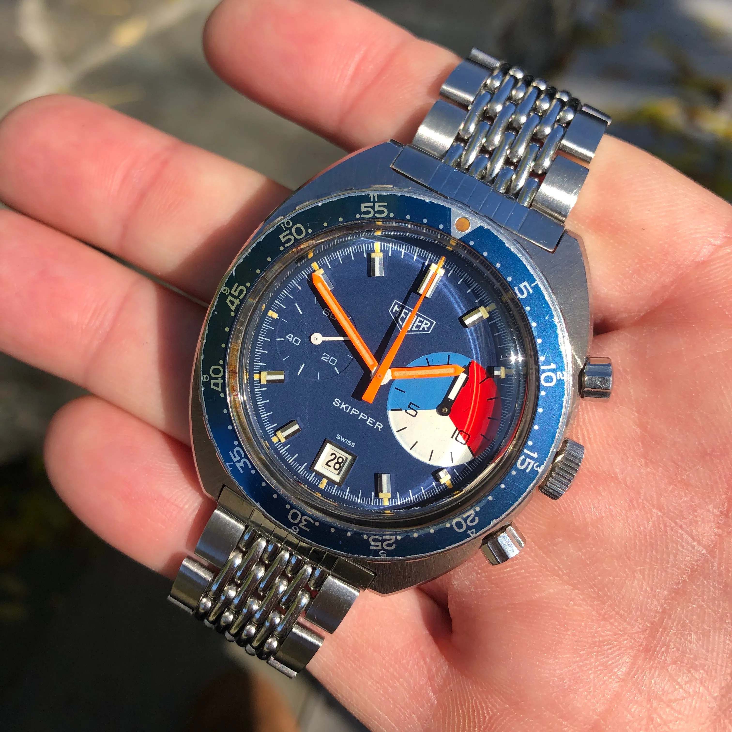 1971 Heuer Skipper 73463 Autavaia Blue Steel Chronograph Valjoux 7734 Wristwatch