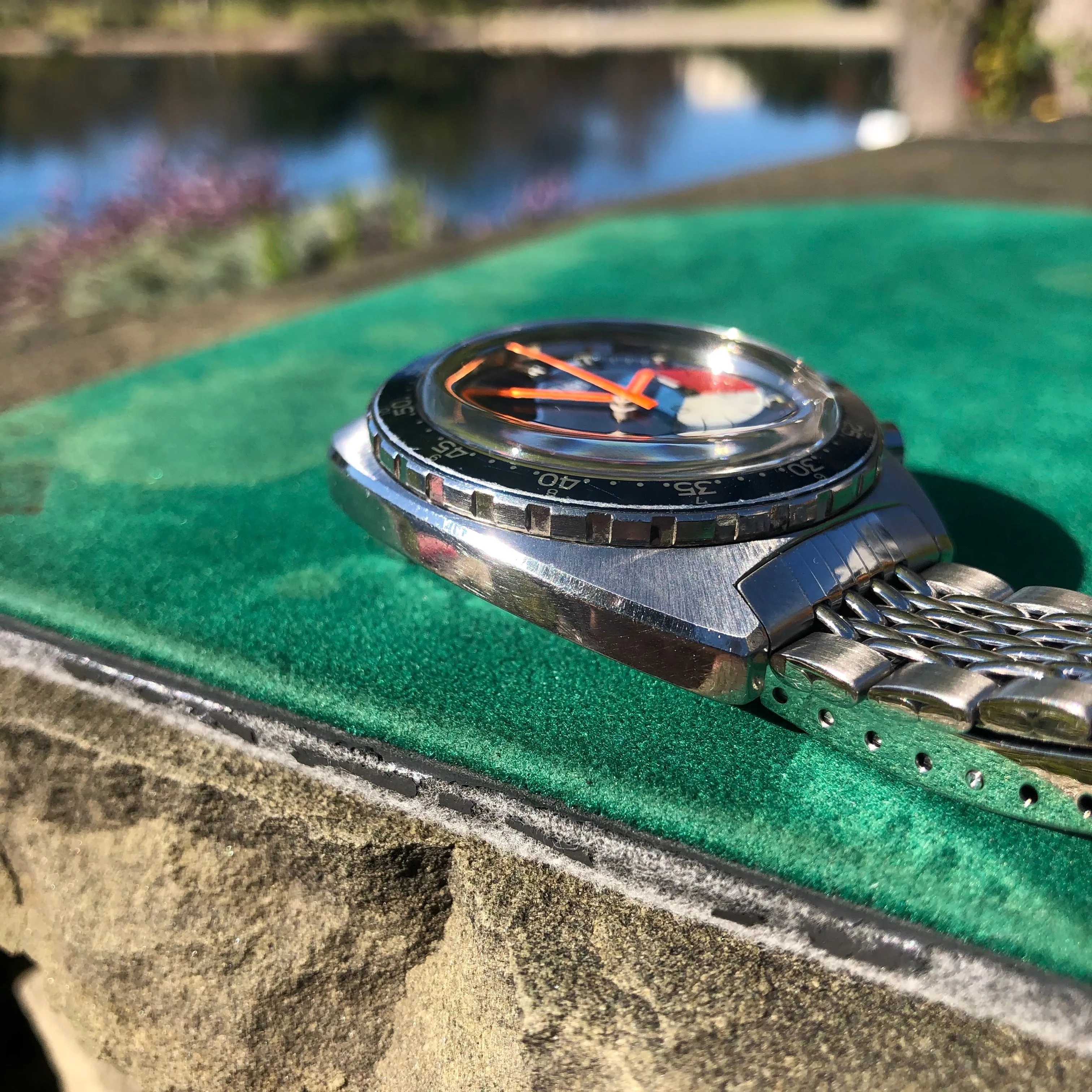 1971 Heuer Skipper 73463 Autavaia Blue Steel Chronograph Valjoux 7734 Wristwatch