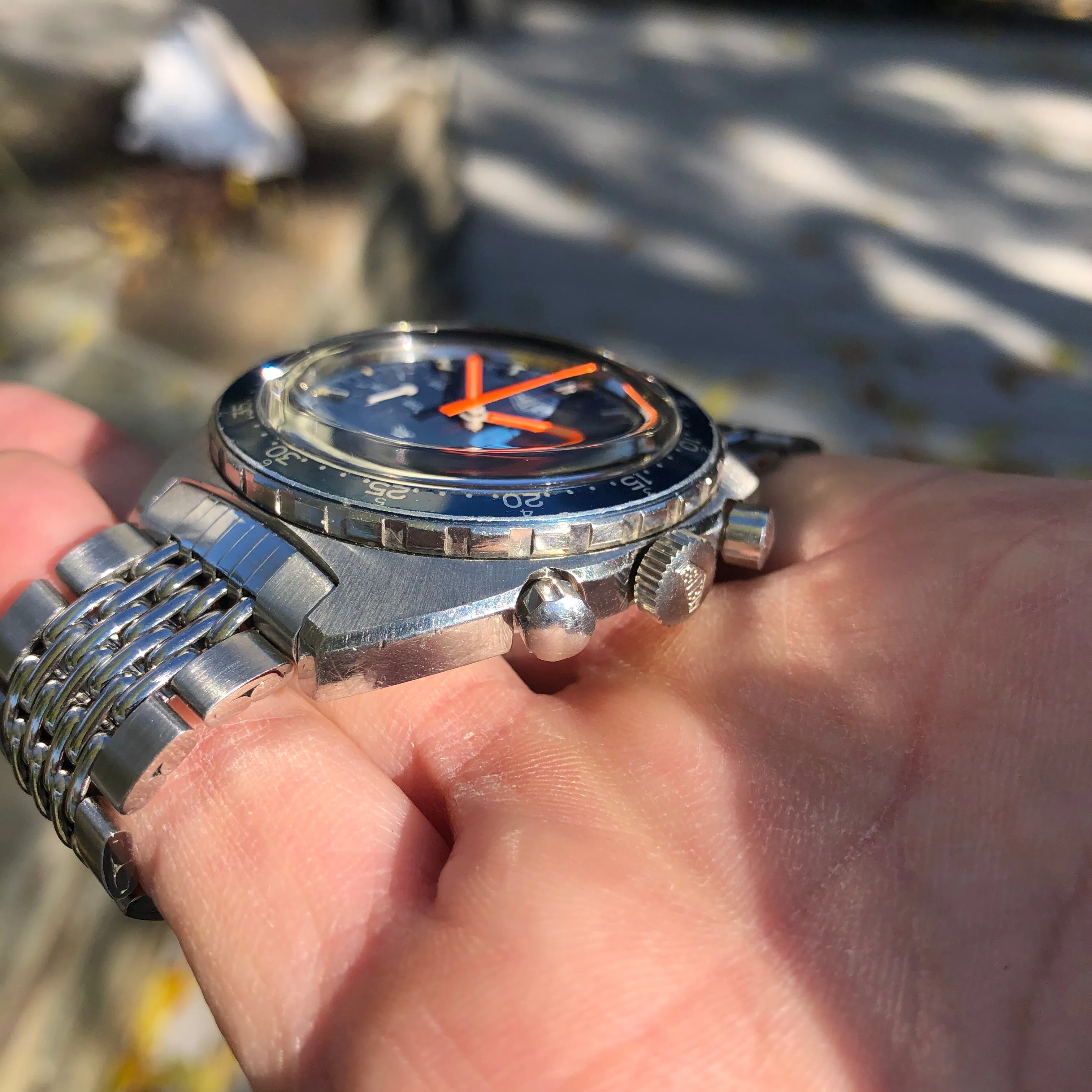 1971 Heuer Skipper 73463 Autavaia Blue Steel Chronograph Valjoux 7734 Wristwatch