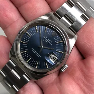 1971 Rolex Date 1500 Oyster Perpetual Blue Radial Dial Steel Automatic Wristwatch