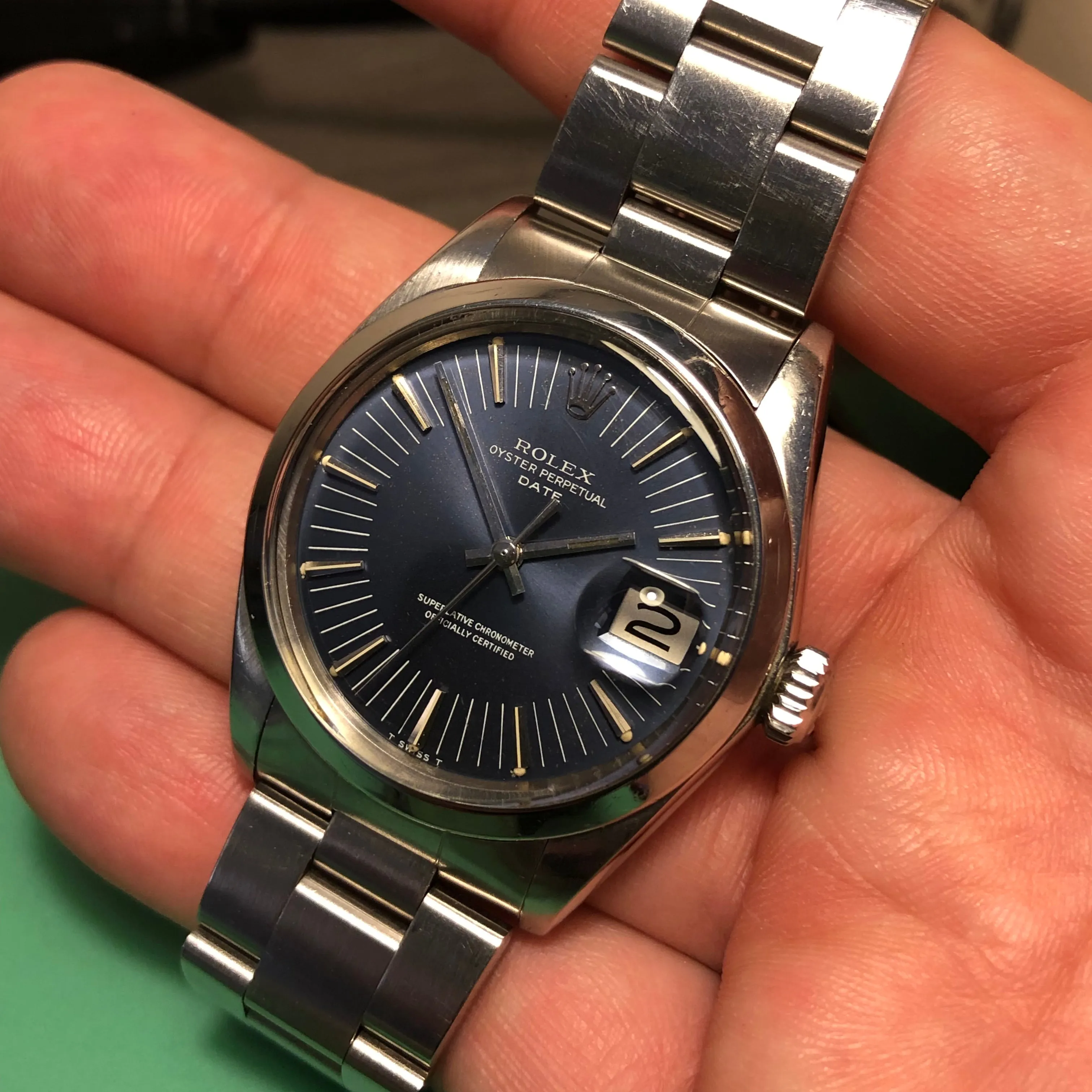 1971 Rolex Date 1500 Oyster Perpetual Blue Radial Dial Steel Automatic Wristwatch