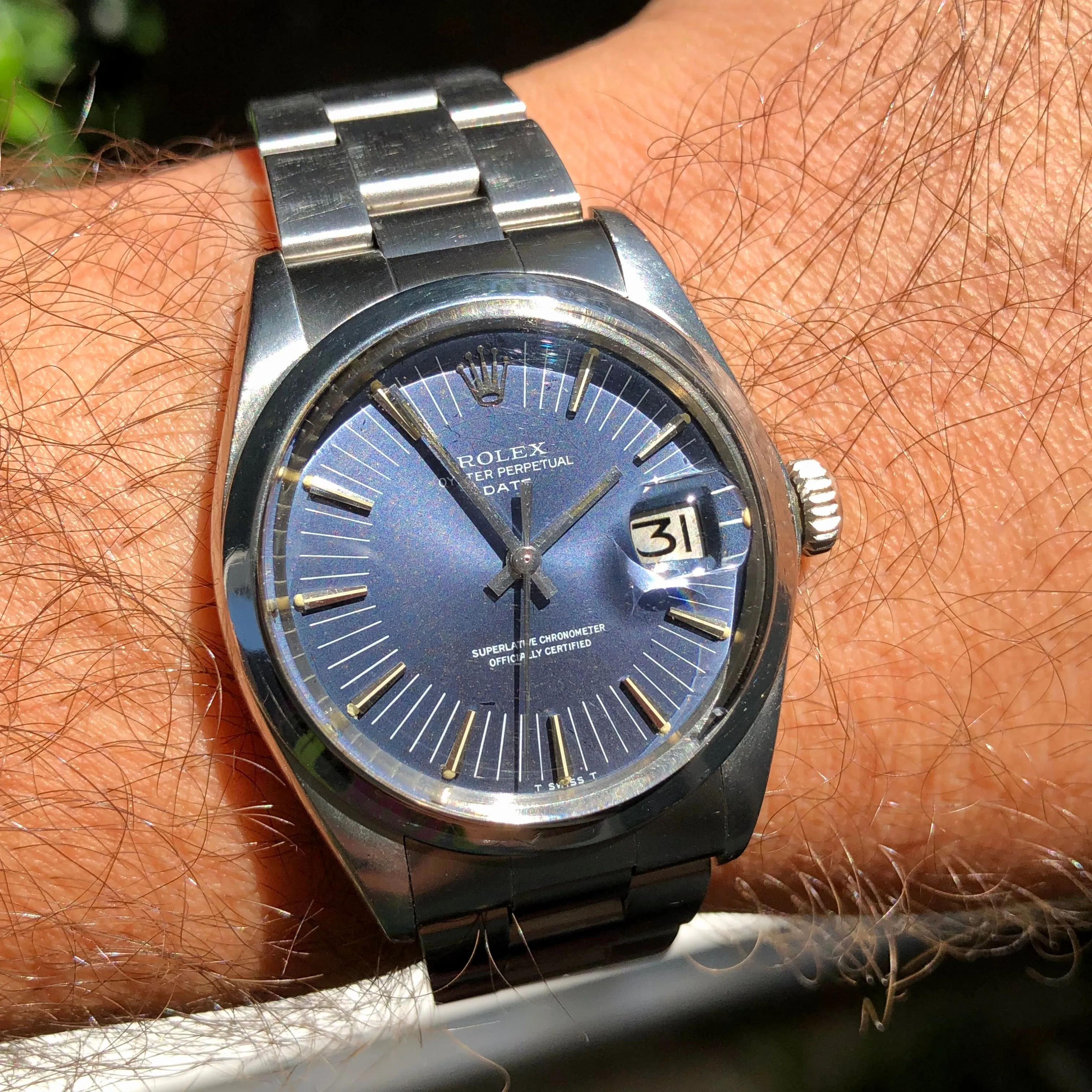 1971 Rolex Date 1500 Oyster Perpetual Blue Radial Dial Steel Automatic Wristwatch