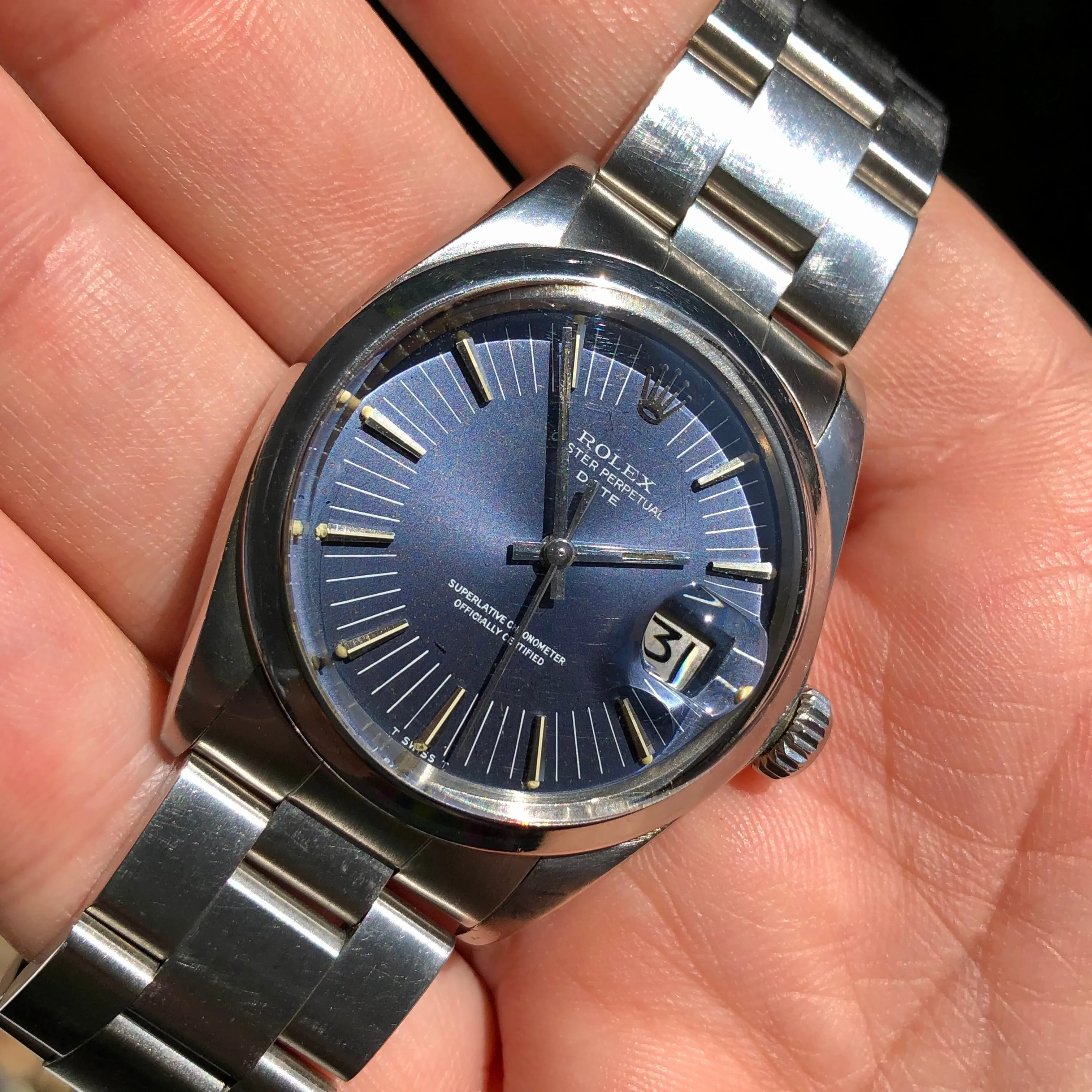 1971 Rolex Date 1500 Oyster Perpetual Blue Radial Dial Steel Automatic Wristwatch