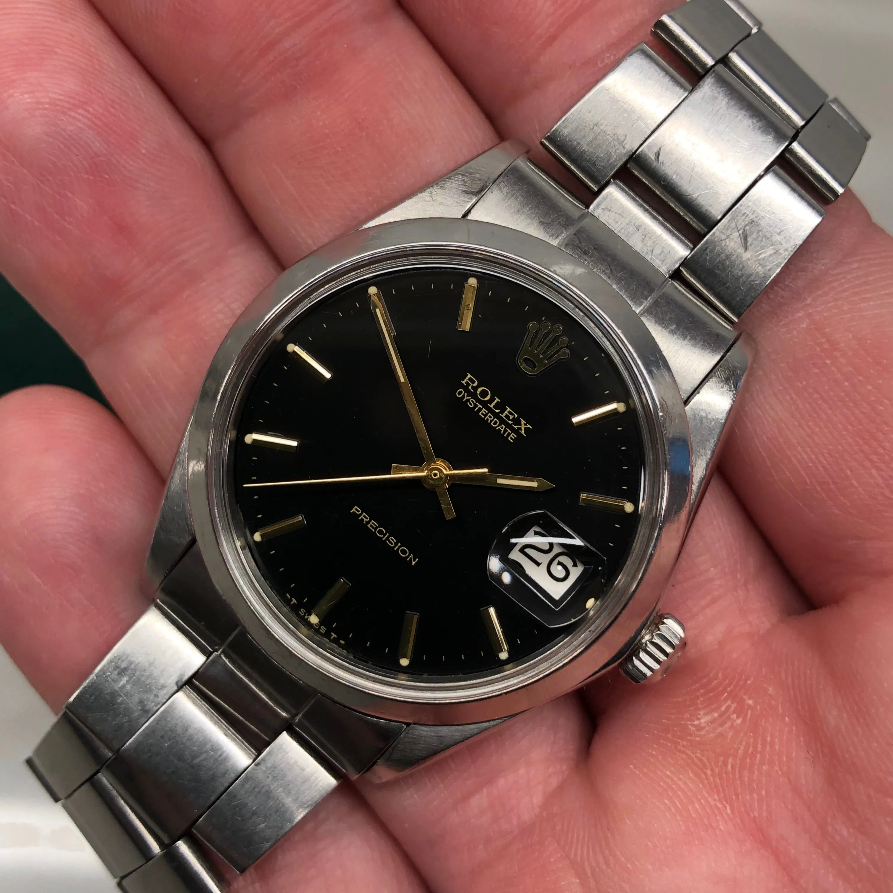 1971 Rolex Oysterdate Precision 6694 Black Stainless Steel Manual Wristwatch