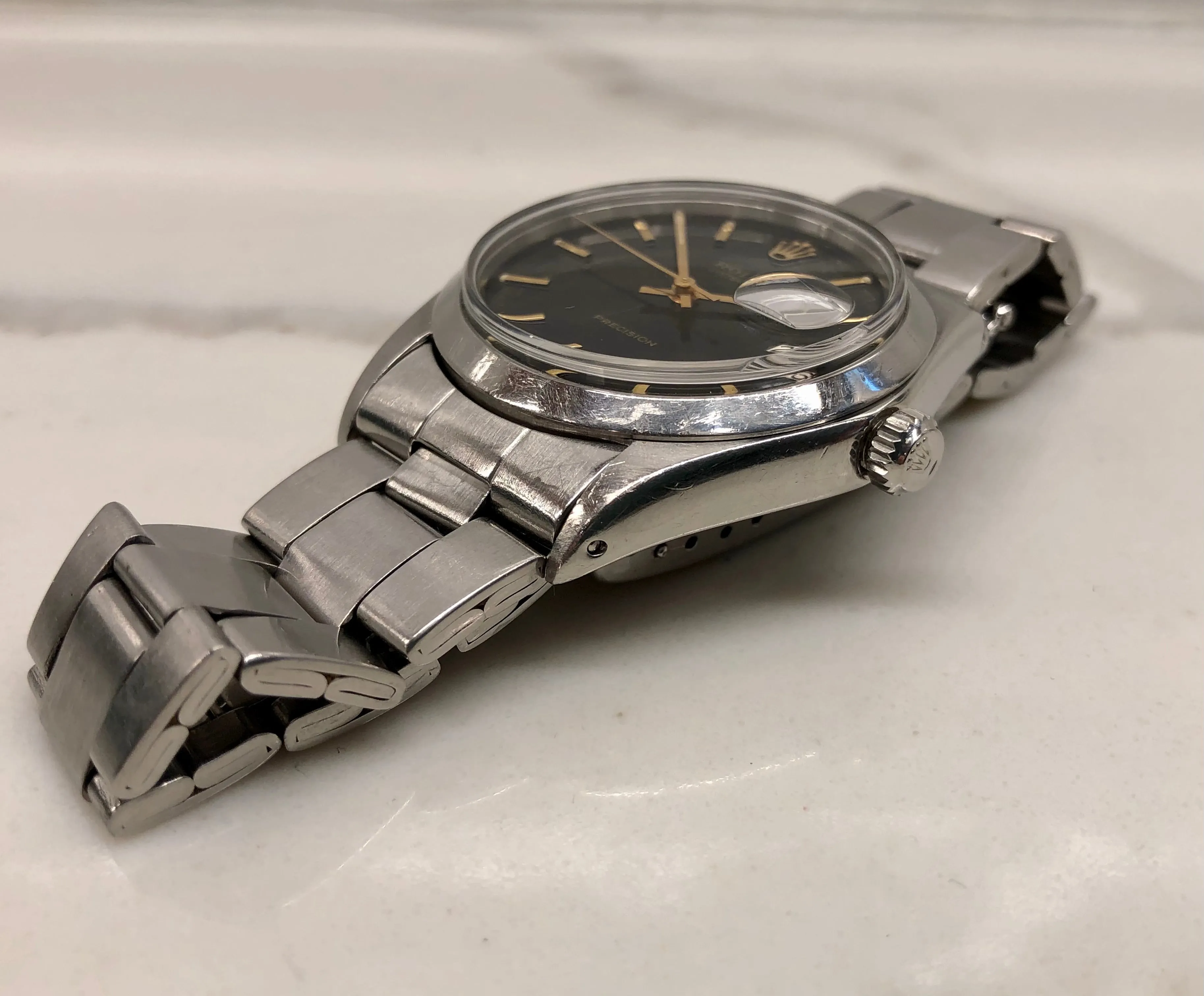 1971 Rolex Oysterdate Precision 6694 Black Stainless Steel Manual Wristwatch