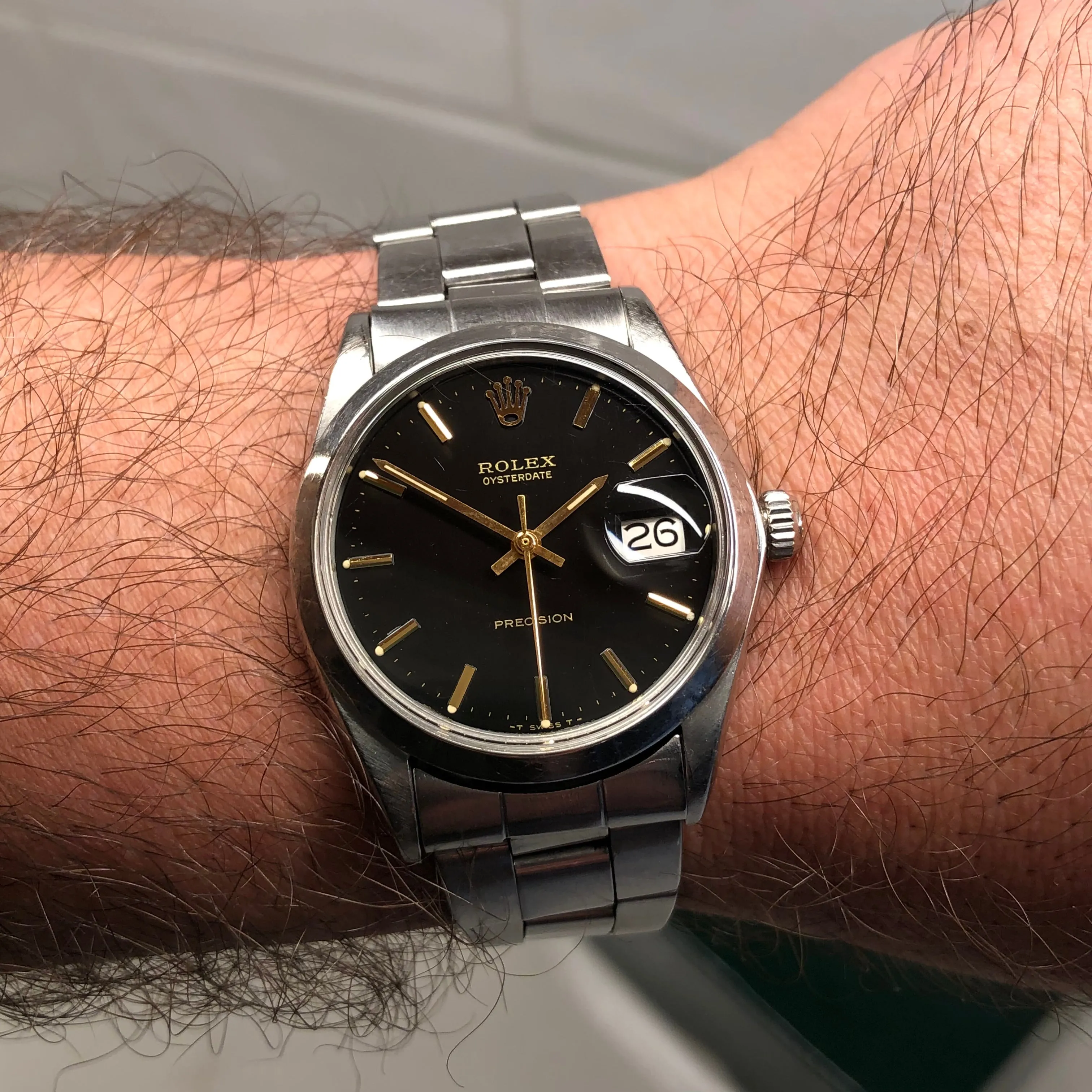 1971 Rolex Oysterdate Precision 6694 Black Stainless Steel Manual Wristwatch