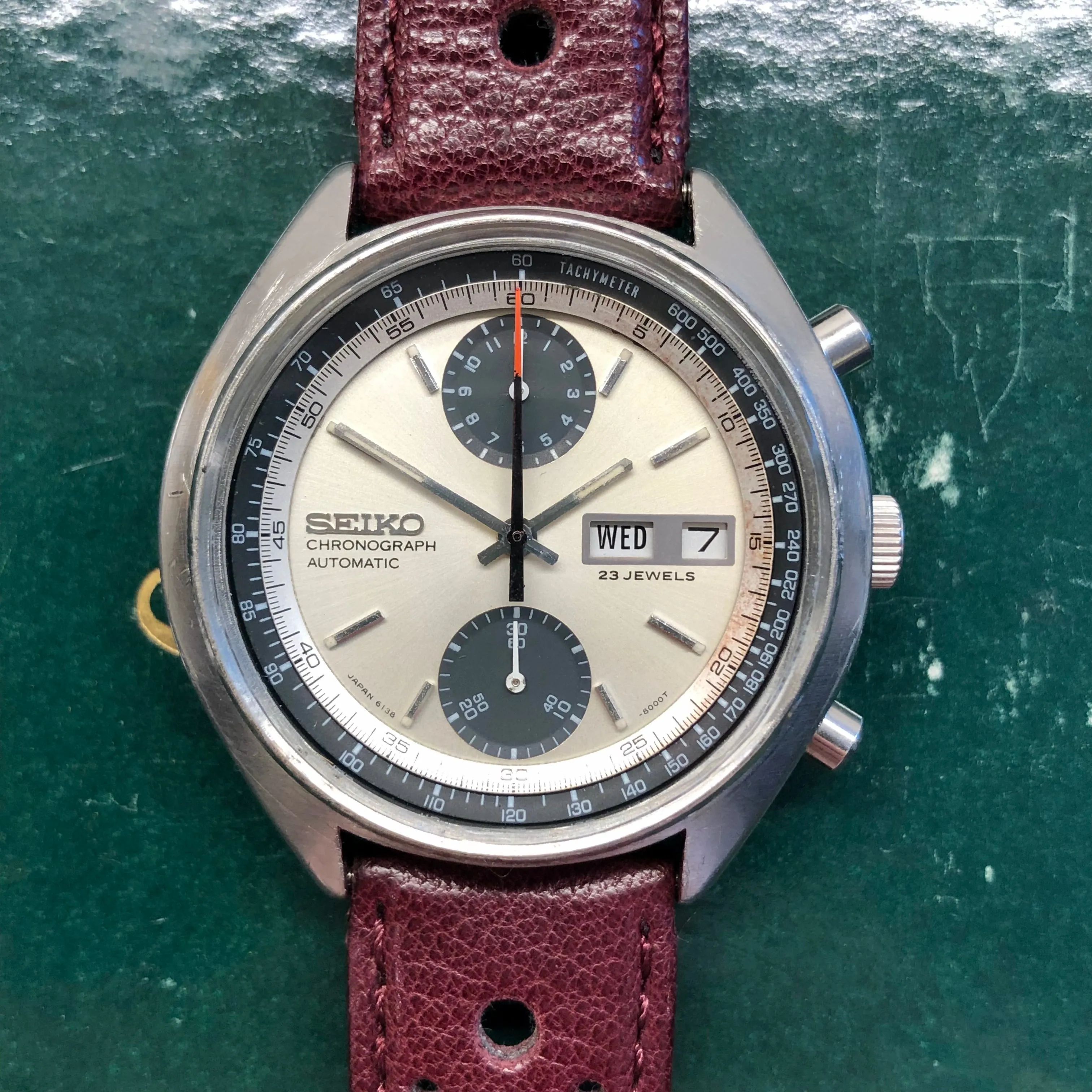 1971 Seiko 6138-8000 Baby Panda Chronograph Day Date Steel Automatic Wristwatch