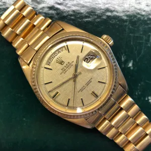 1972 Rolex President 1803 Day Date Yellow Gold Linen Champagne Wristwatch