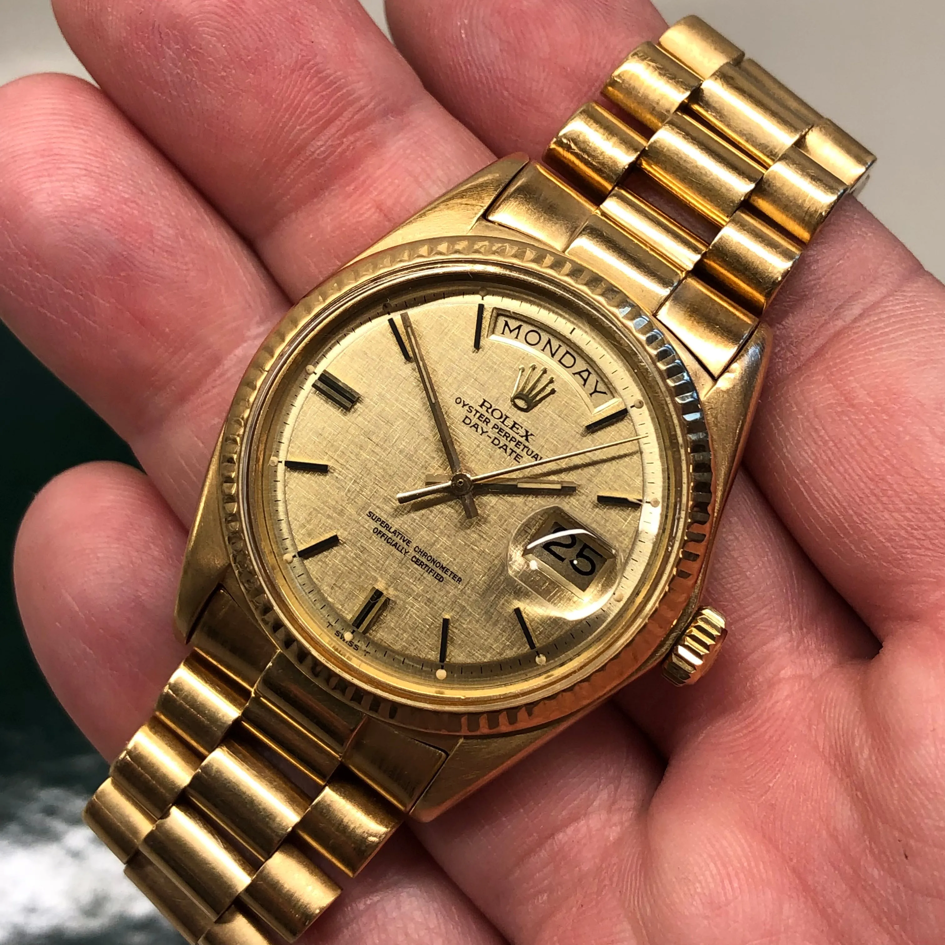 1972 Rolex President 1803 Day Date Yellow Gold Linen Champagne Wristwatch