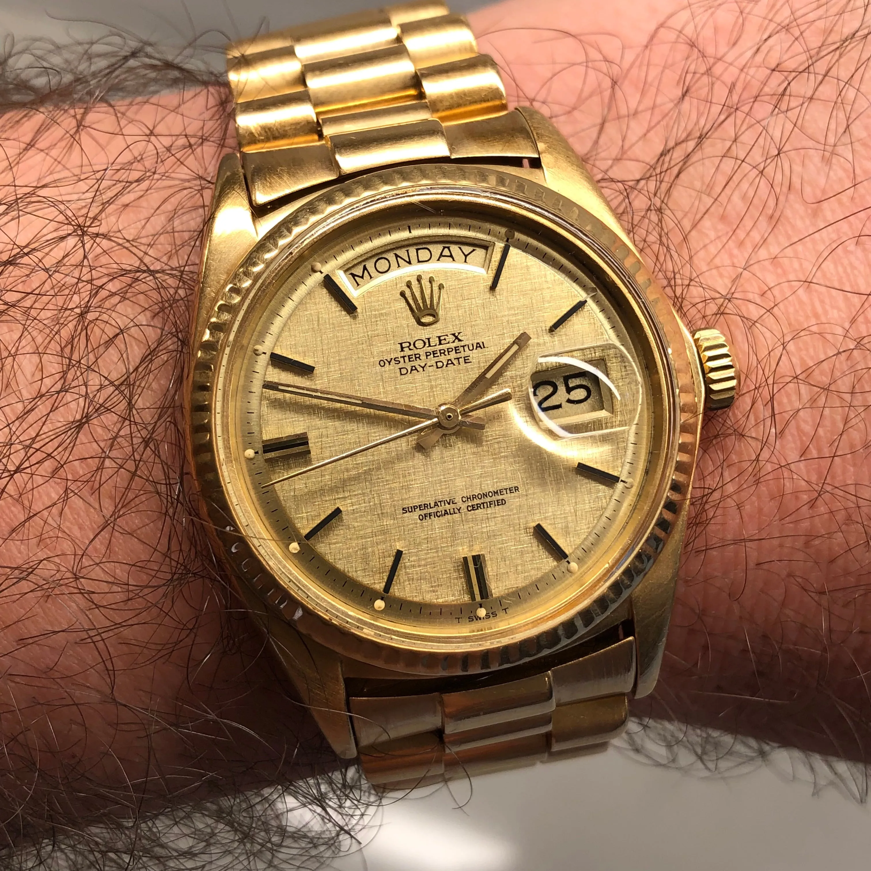 1972 Rolex President 1803 Day Date Yellow Gold Linen Champagne Wristwatch
