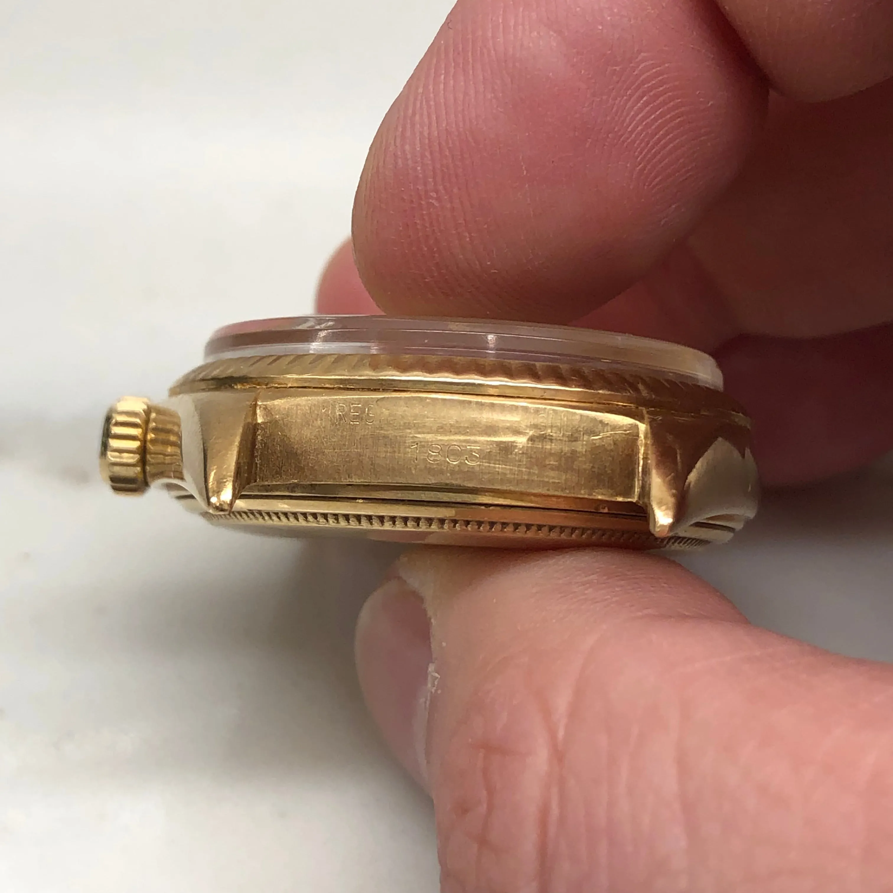 1972 Rolex President 1803 Day Date Yellow Gold Linen Champagne Wristwatch