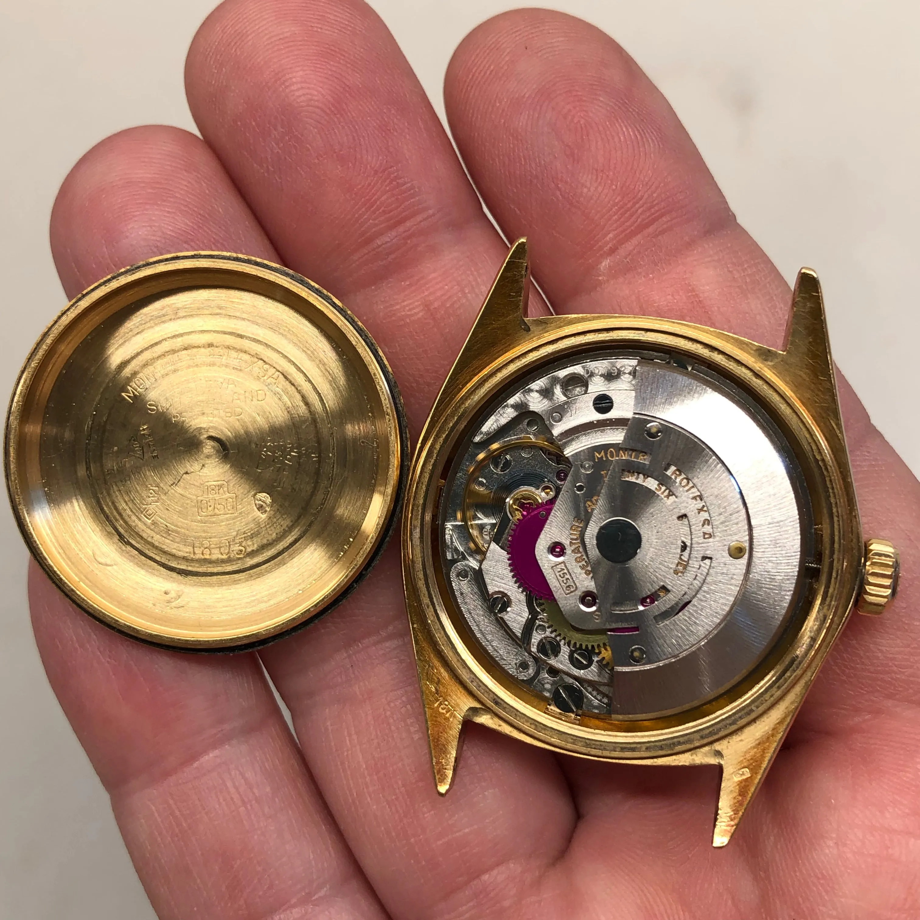 1972 Rolex President 1803 Day Date Yellow Gold Linen Champagne Wristwatch