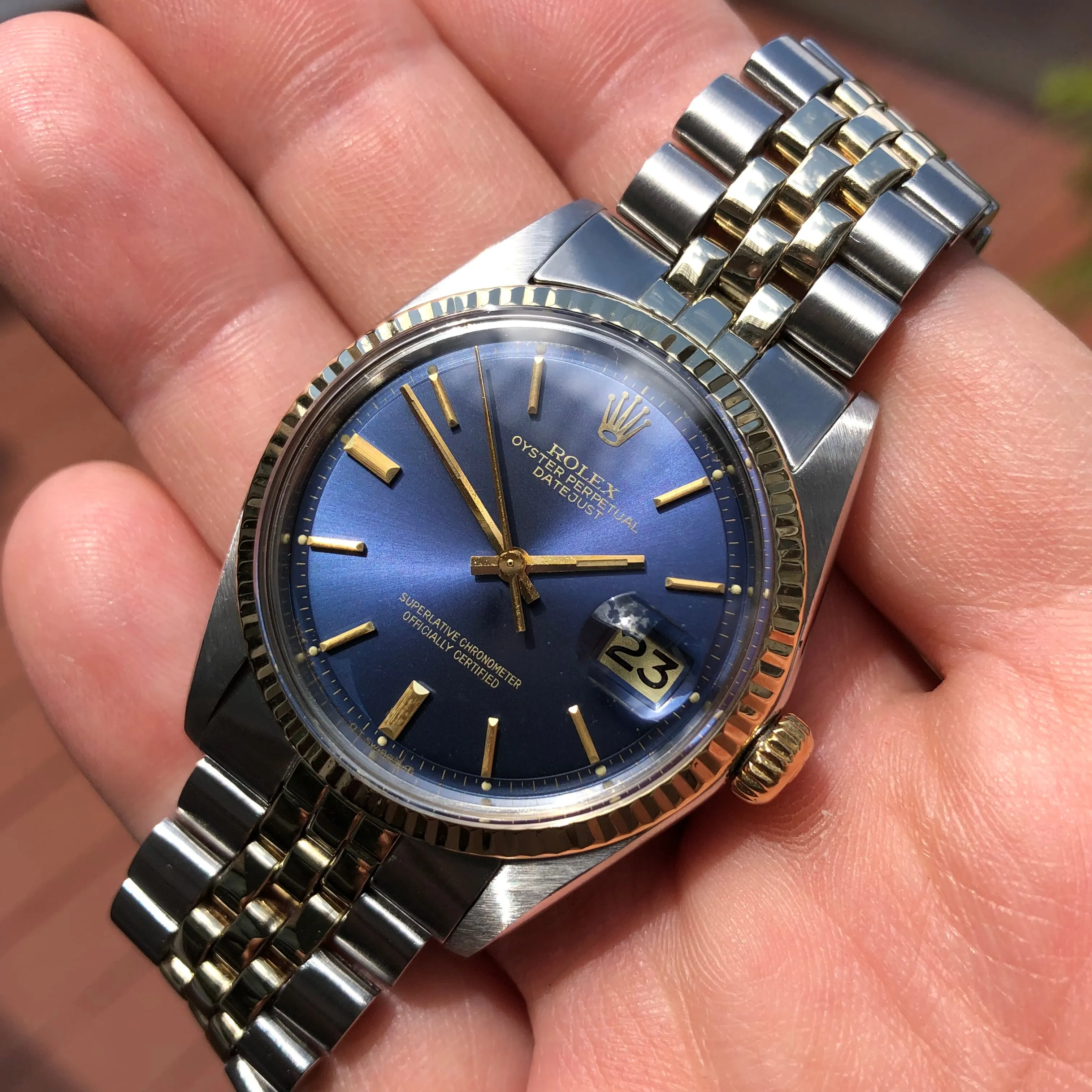 1974 Rolex Datejust 1601 Blue Sigma Dial Two Tone Big Logo Jubilee Automatic Wristwatch