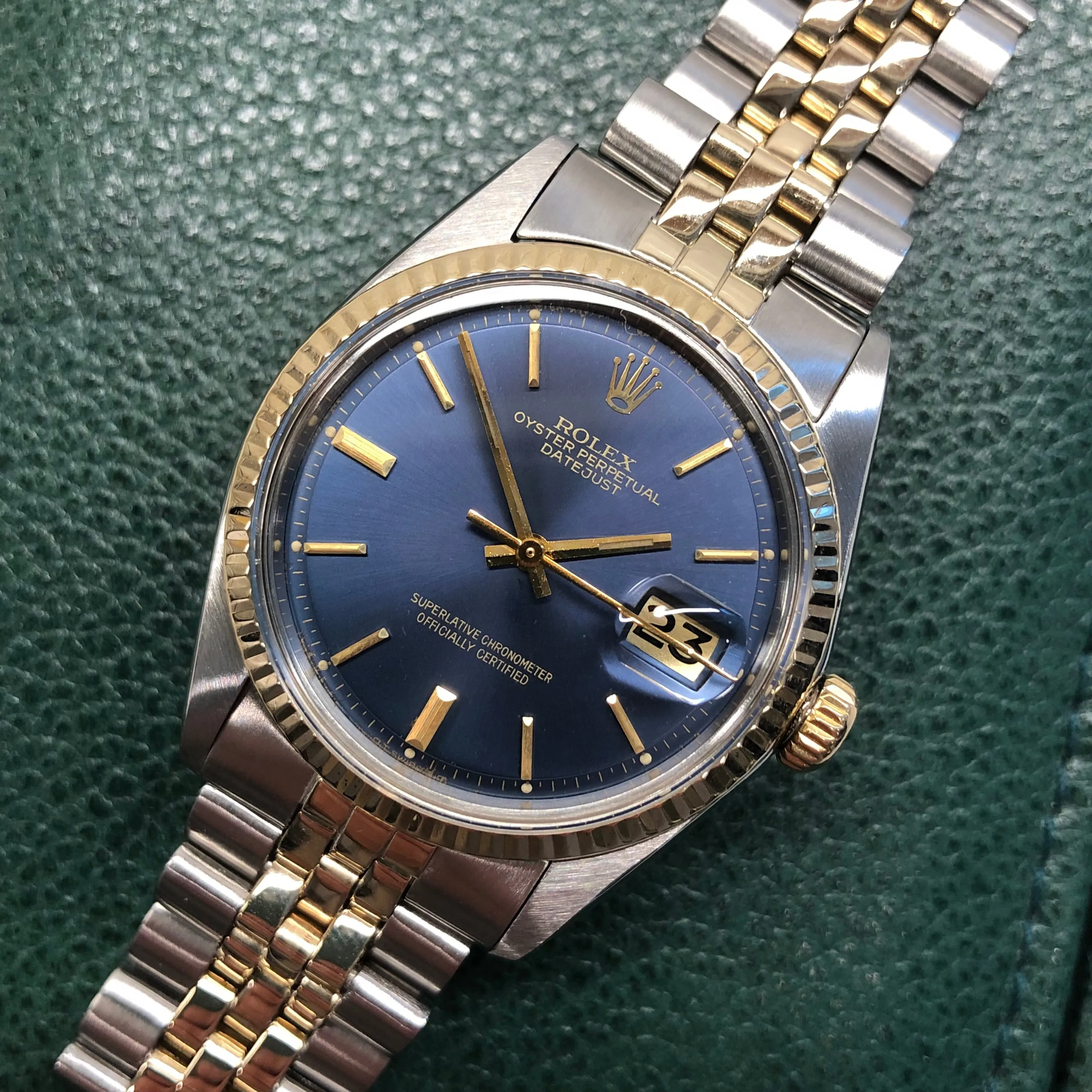 1974 Rolex Datejust 1601 Blue Sigma Dial Two Tone Big Logo Jubilee Automatic Wristwatch