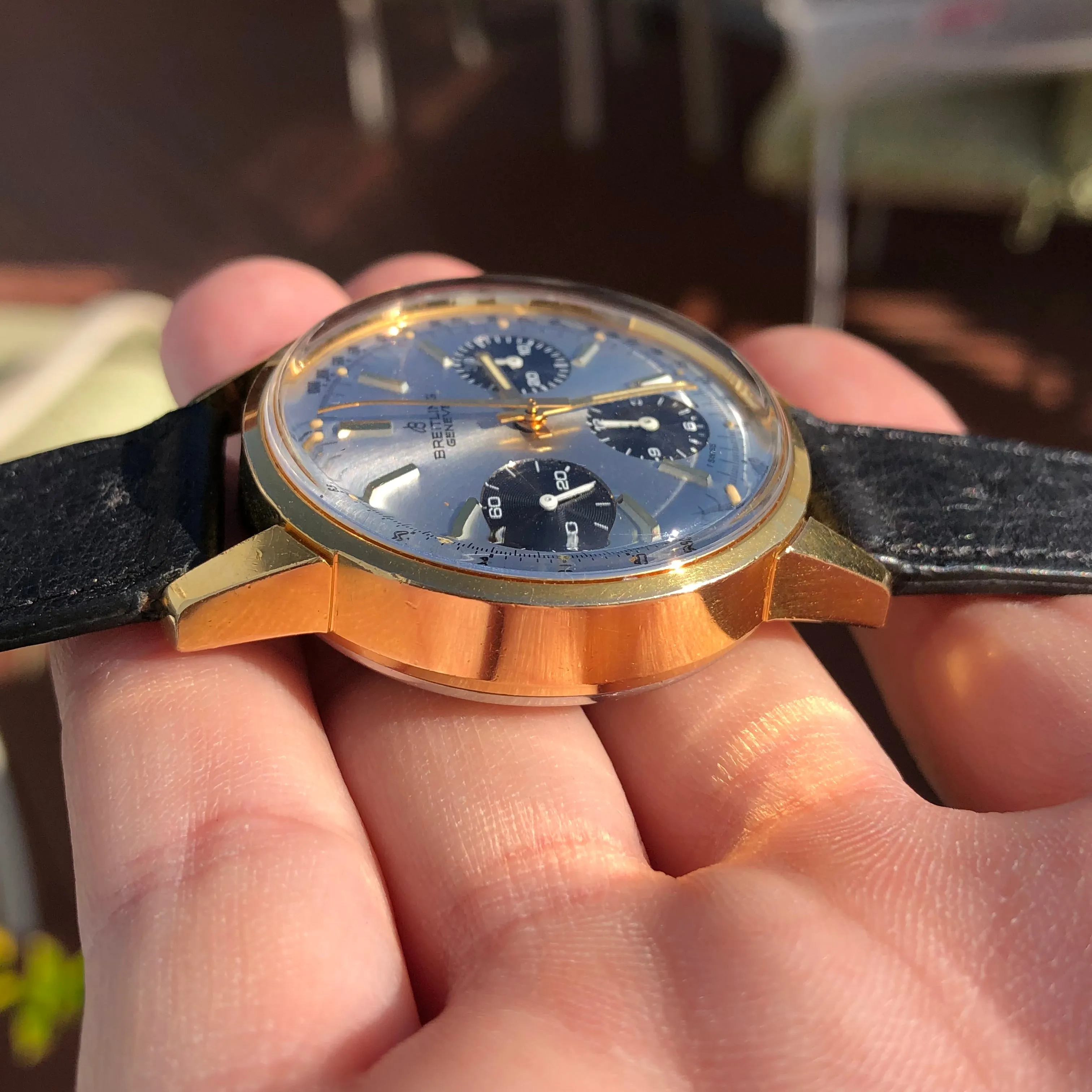 1974 Vintage Breitling Top Time 815 Gold Top Steel Chronograph Silver Dial Wristwatch