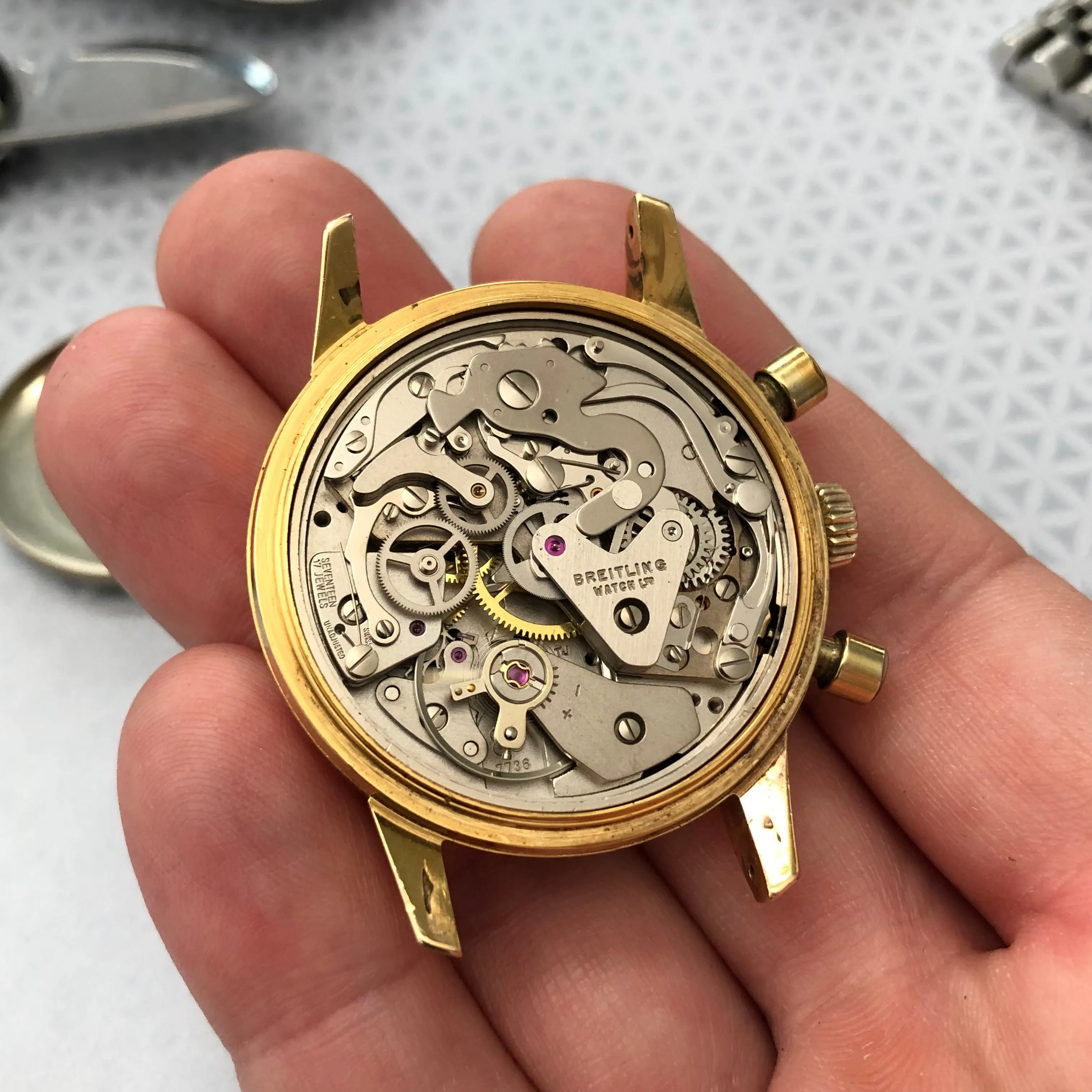 1974 Vintage Breitling Top Time 815 Gold Top Steel Chronograph Silver Dial Wristwatch