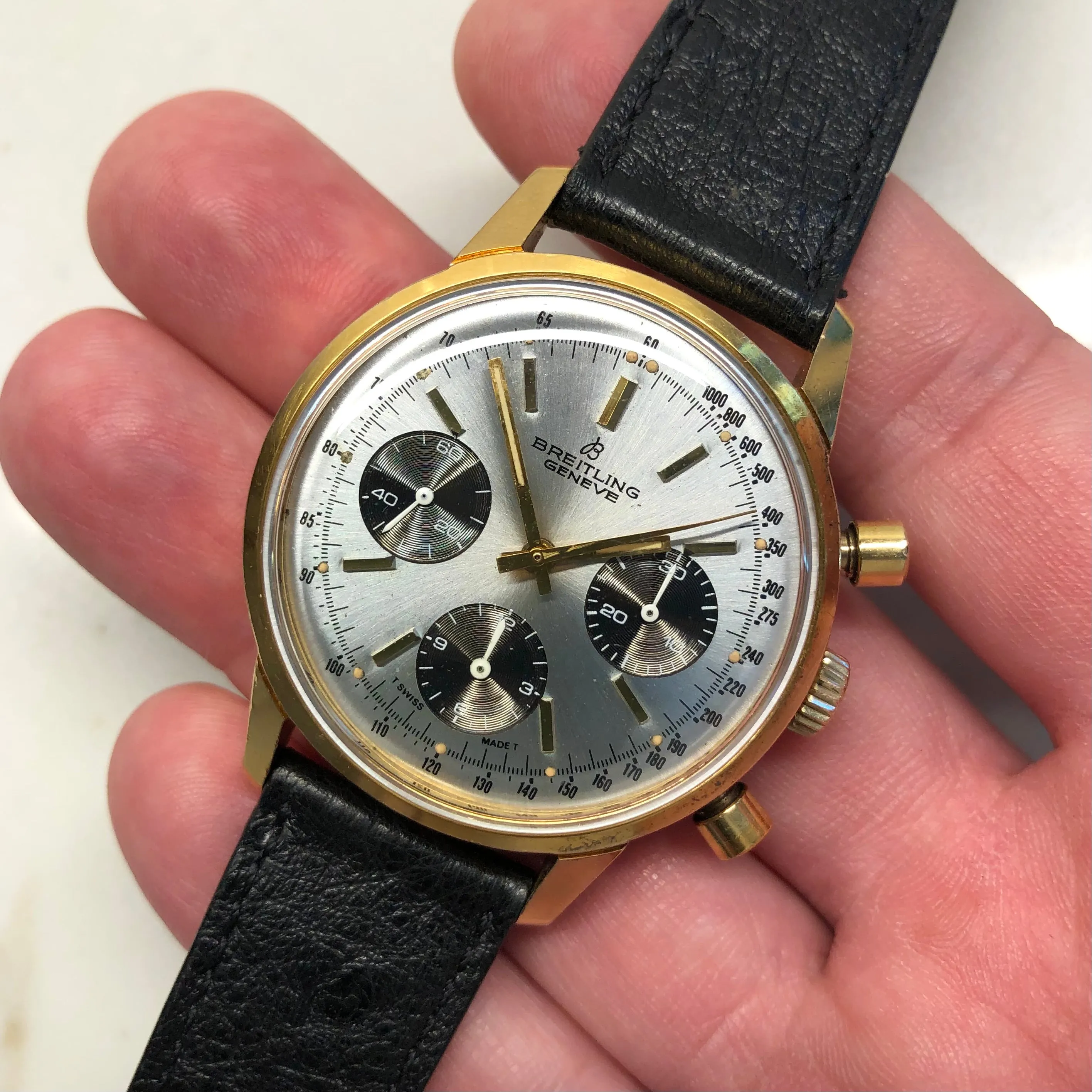1974 Vintage Breitling Top Time 815 Gold Top Steel Chronograph Silver Dial Wristwatch