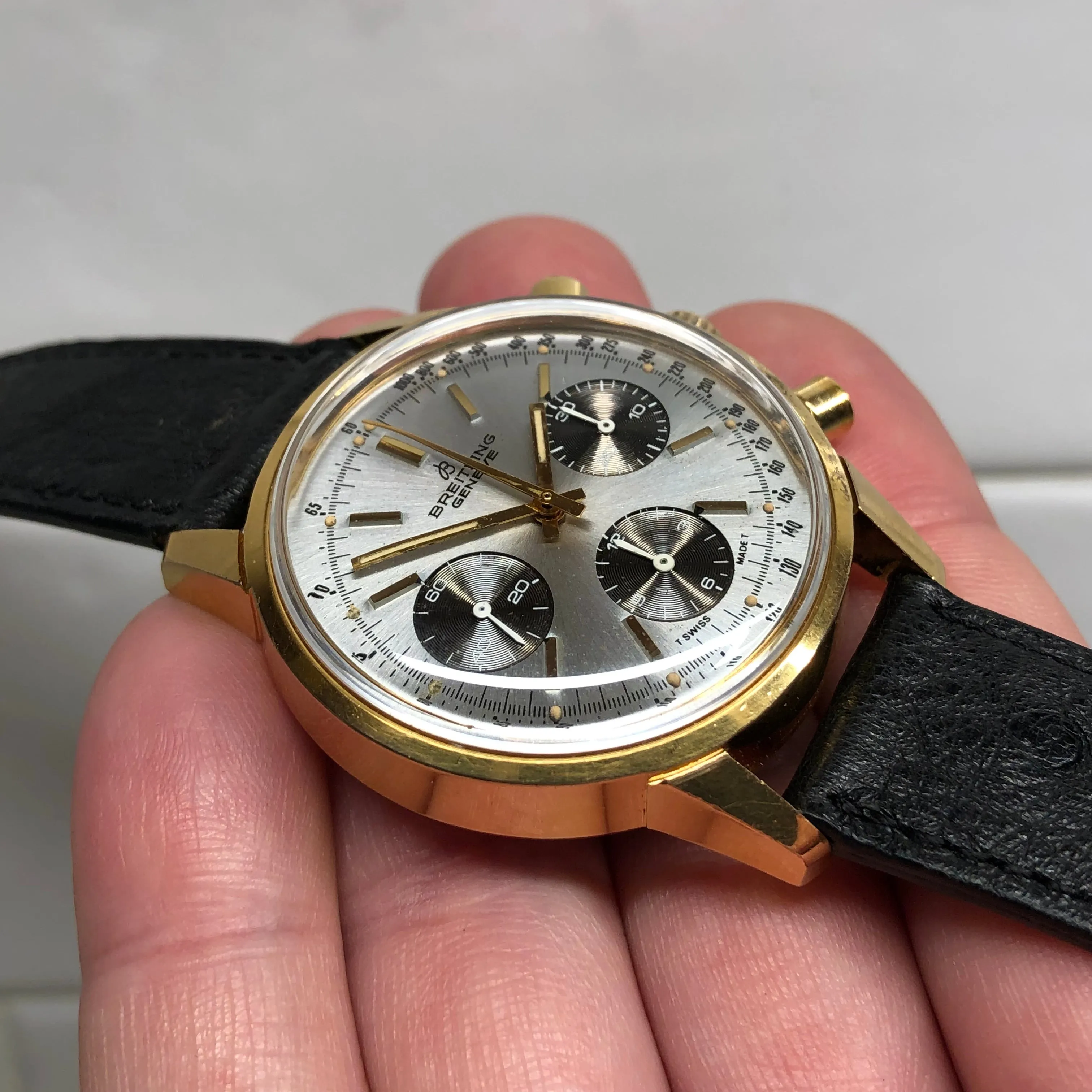 1974 Vintage Breitling Top Time 815 Gold Top Steel Chronograph Silver Dial Wristwatch
