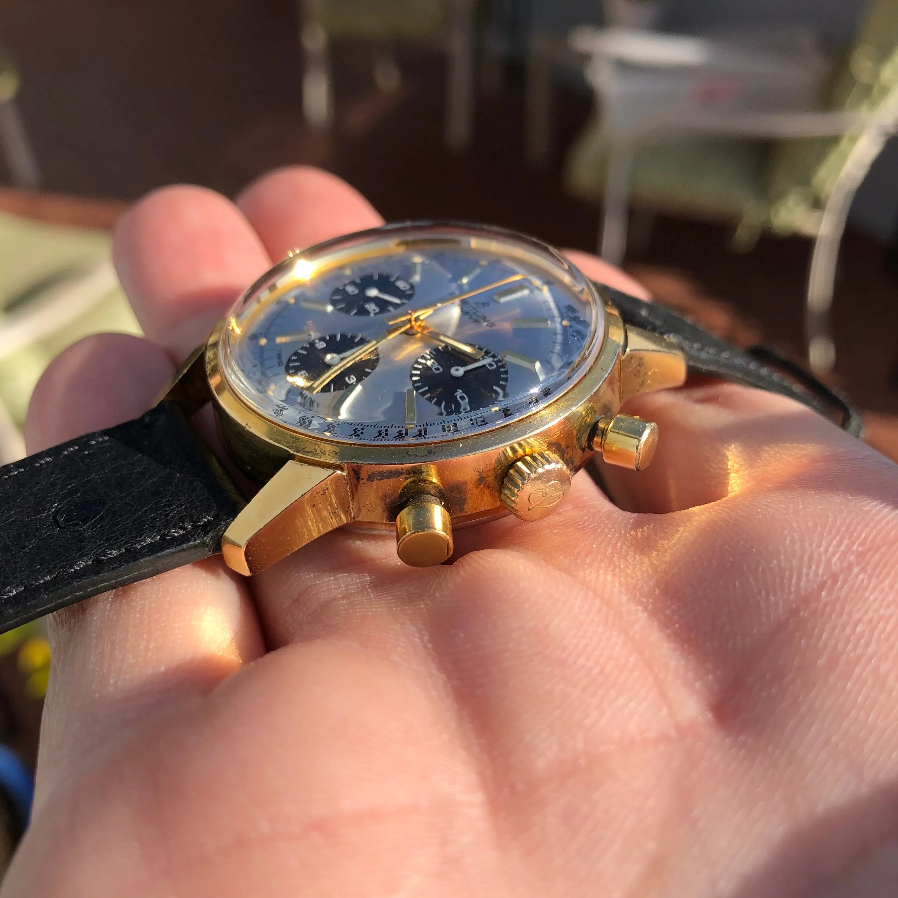 1974 Vintage Breitling Top Time 815 Gold Top Steel Chronograph Silver Dial Wristwatch