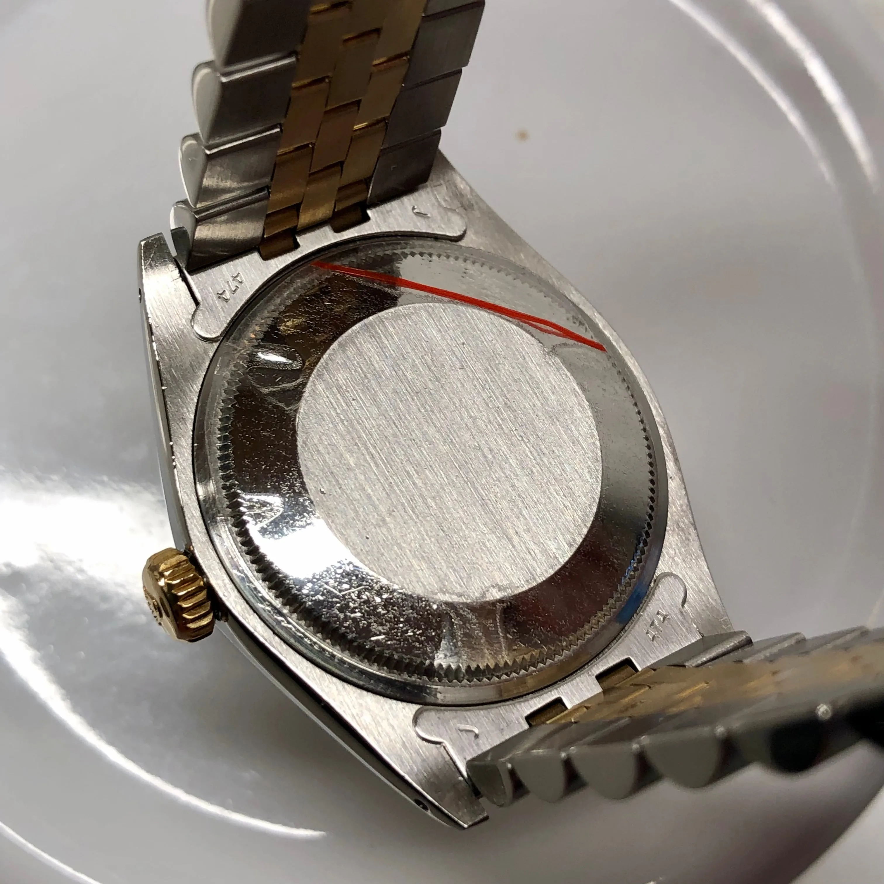 1980 Rolex Date 1505 Two Tone Engine Turned Champagne Jubilee Wristwatch