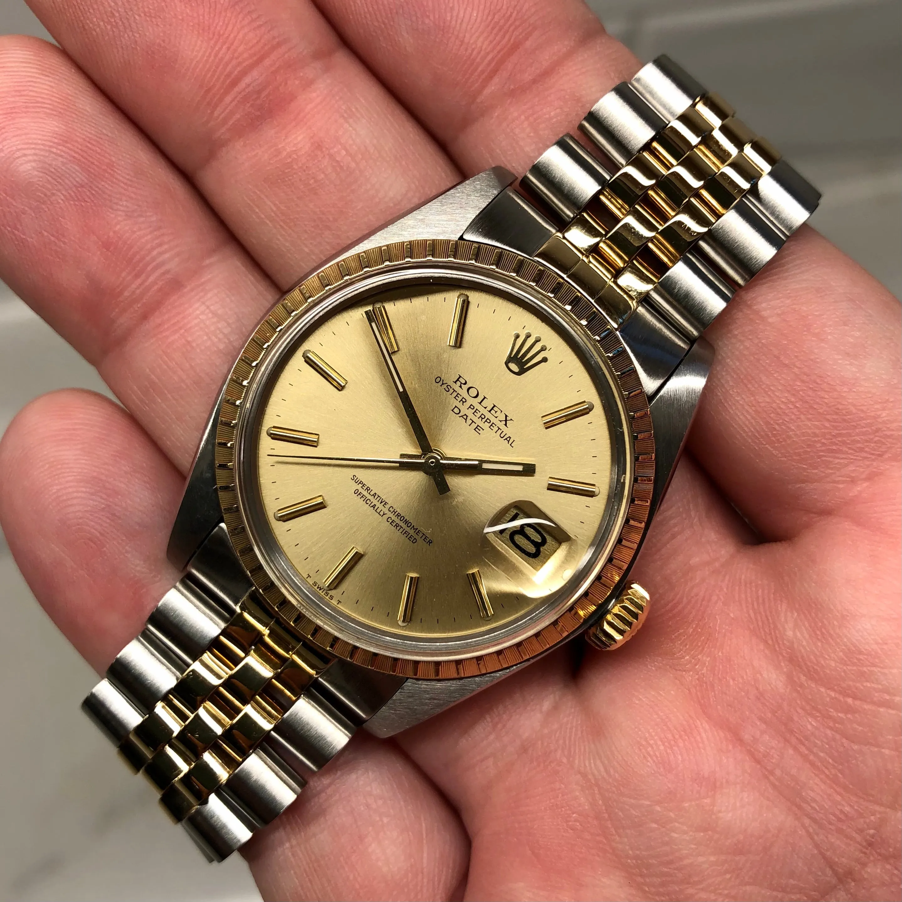 1980 Rolex Date 1505 Two Tone Engine Turned Champagne Jubilee Wristwatch