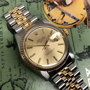 1980 Rolex Date 1505 Two Tone Engine Turned Champagne Jubilee Wristwatch